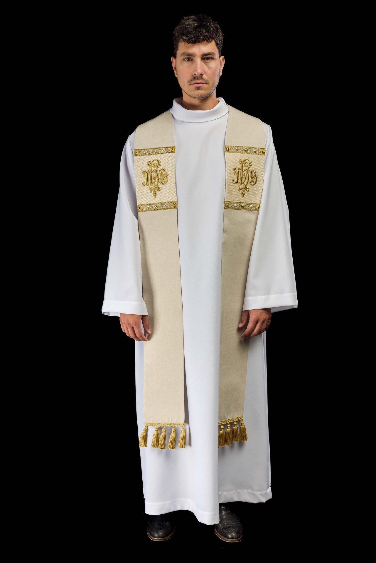 Étole brodée avec le motif IHS en couleur écru S-2067-05-70 - CHASUBLES.FR