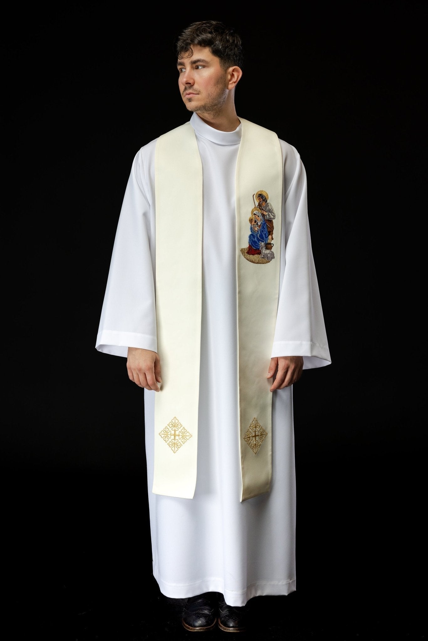 Étole brodée avec l'image de la Sainte Famille pour Noël KZS2/260/05/01 ECRU - CHASUBLES.FR