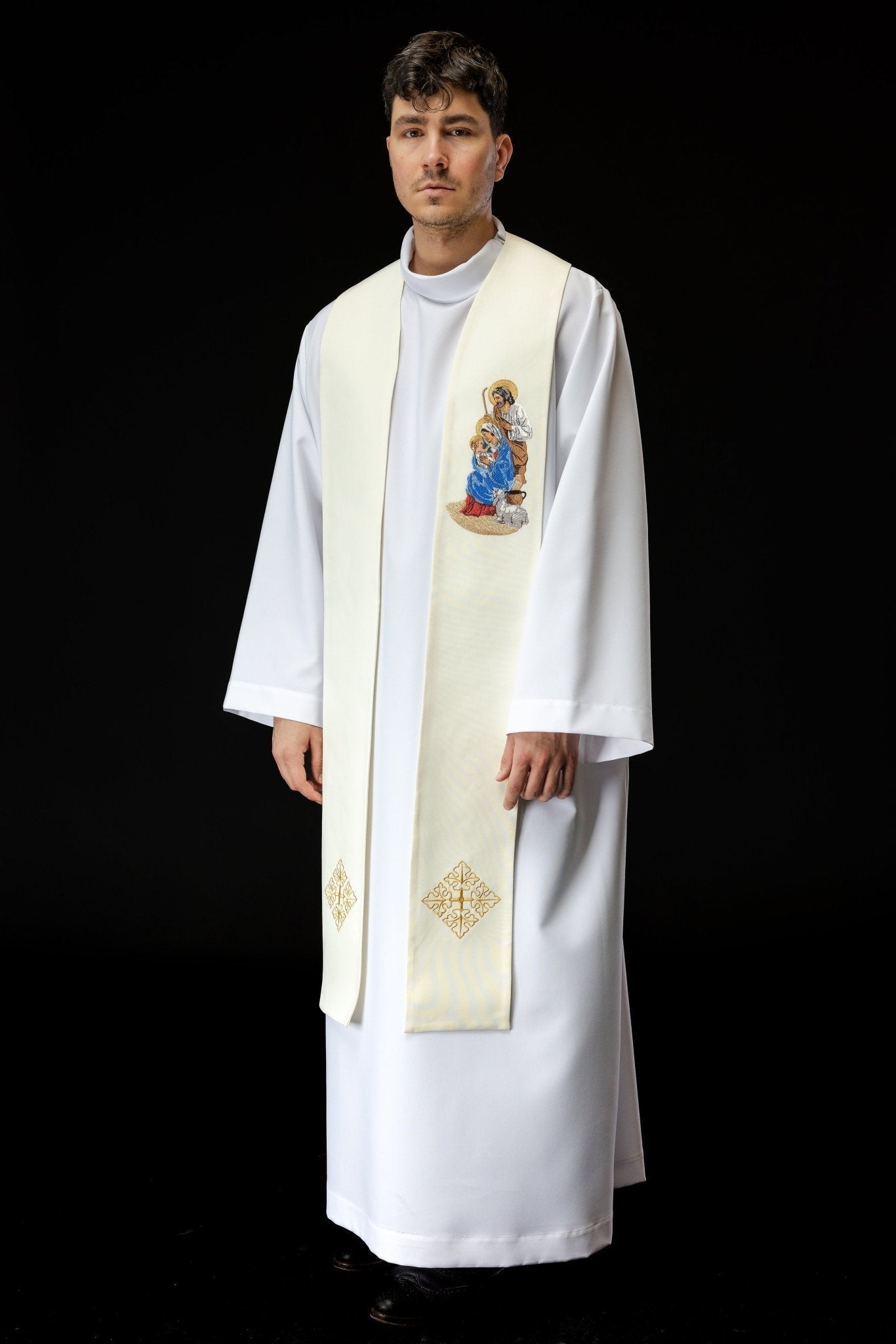 Étole brodée avec l'image de la Sainte Famille pour Noël KZS2/260/05/01 ECRU - CHASUBLES.FR