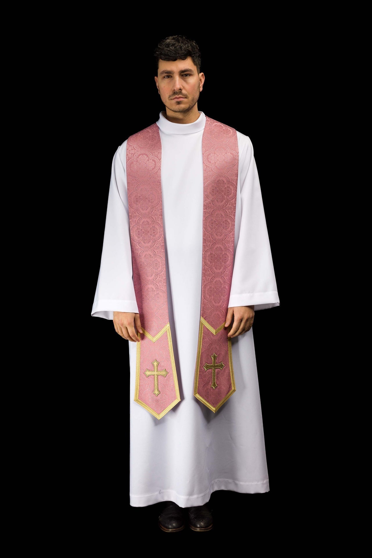 Étole brodée avec motif de Croix en tissu jacquard rose KST/639/08/11 - CHASUBLES.FR