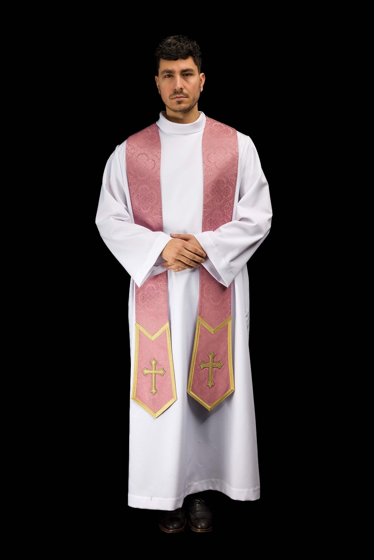 Étole brodée avec motif de Croix en tissu jacquard rose KST/639/08/11 - CHASUBLES.FR