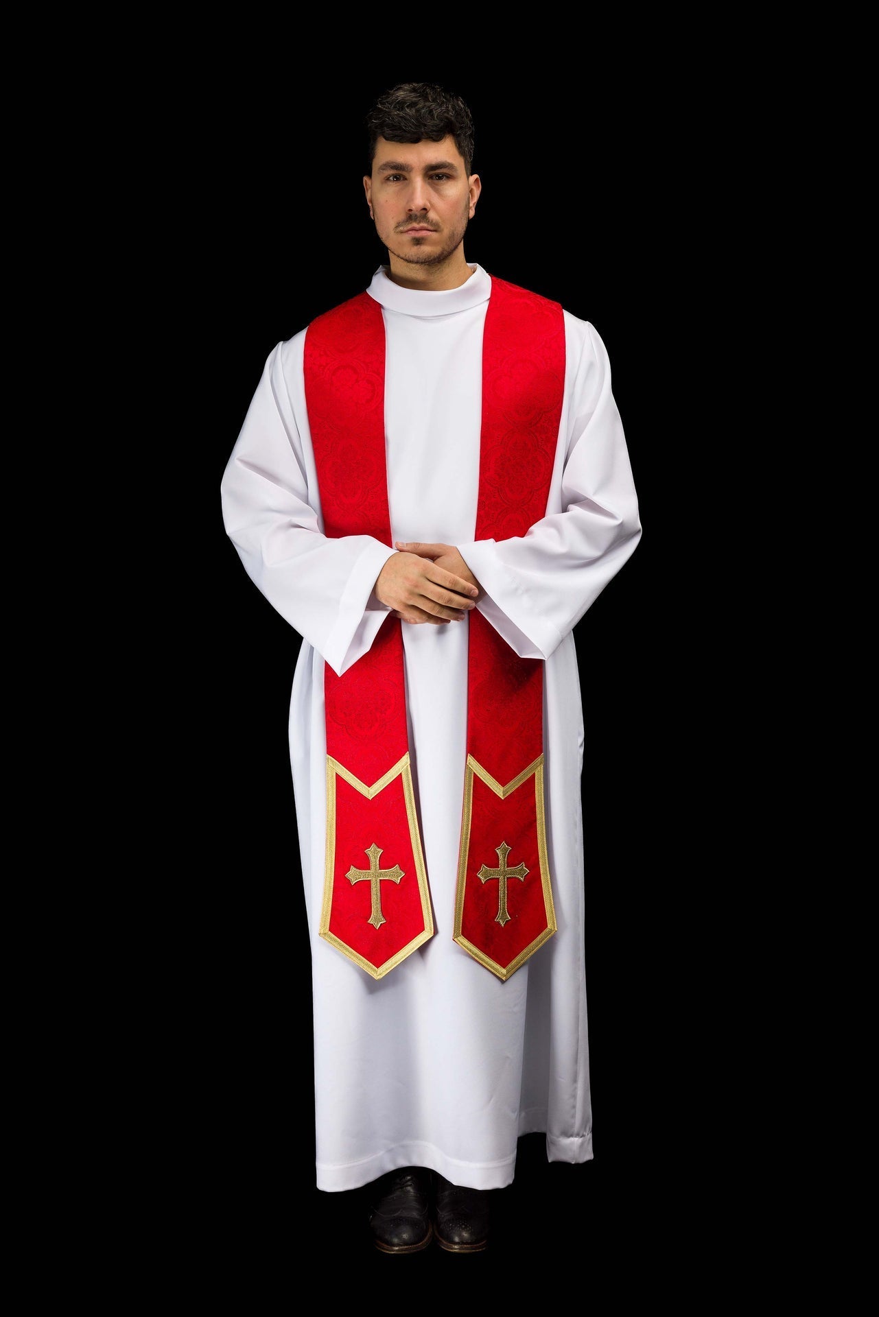 Étole brodée avec motif de Croix en tissu jacquard rouge KST/639/02/11 - CHASUBLES.FR