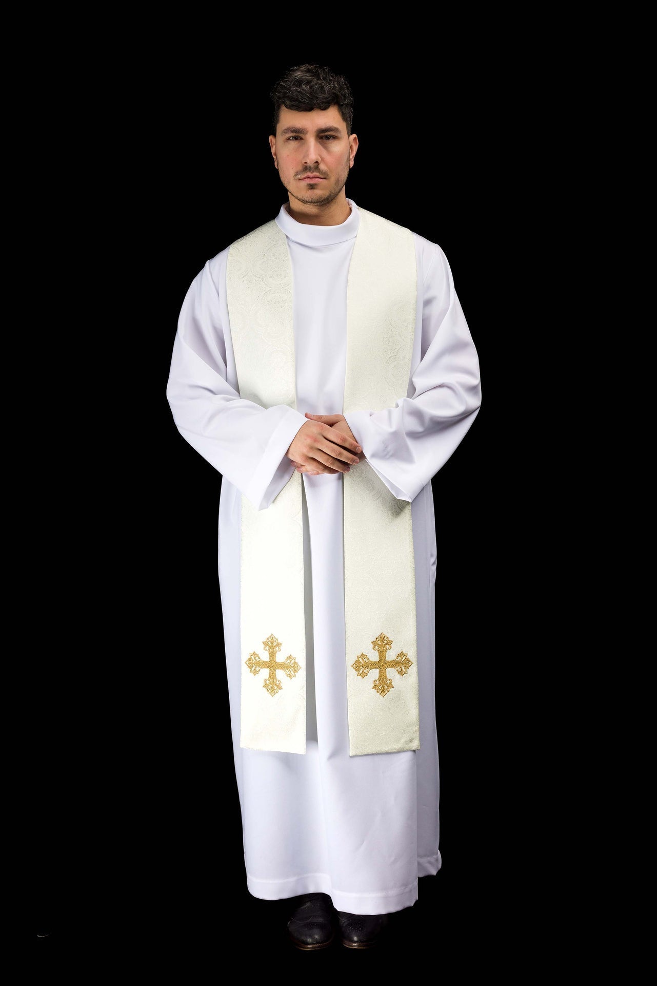 Étole brodée avec motif de croix tissu jacquard écru KST/967/05/11 - CHASUBLES.FR