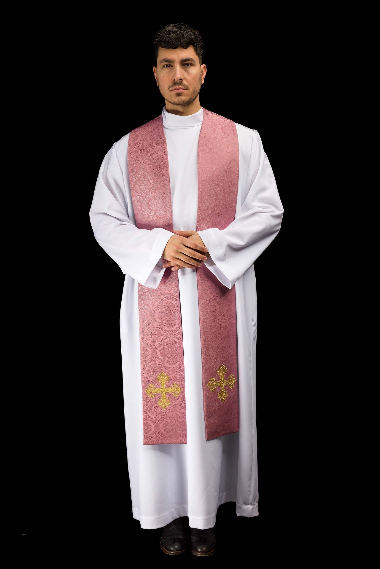 Étole brodée avec motif de croix tissu jacquard rose KST/967/08/11 - CHASUBLES.FR