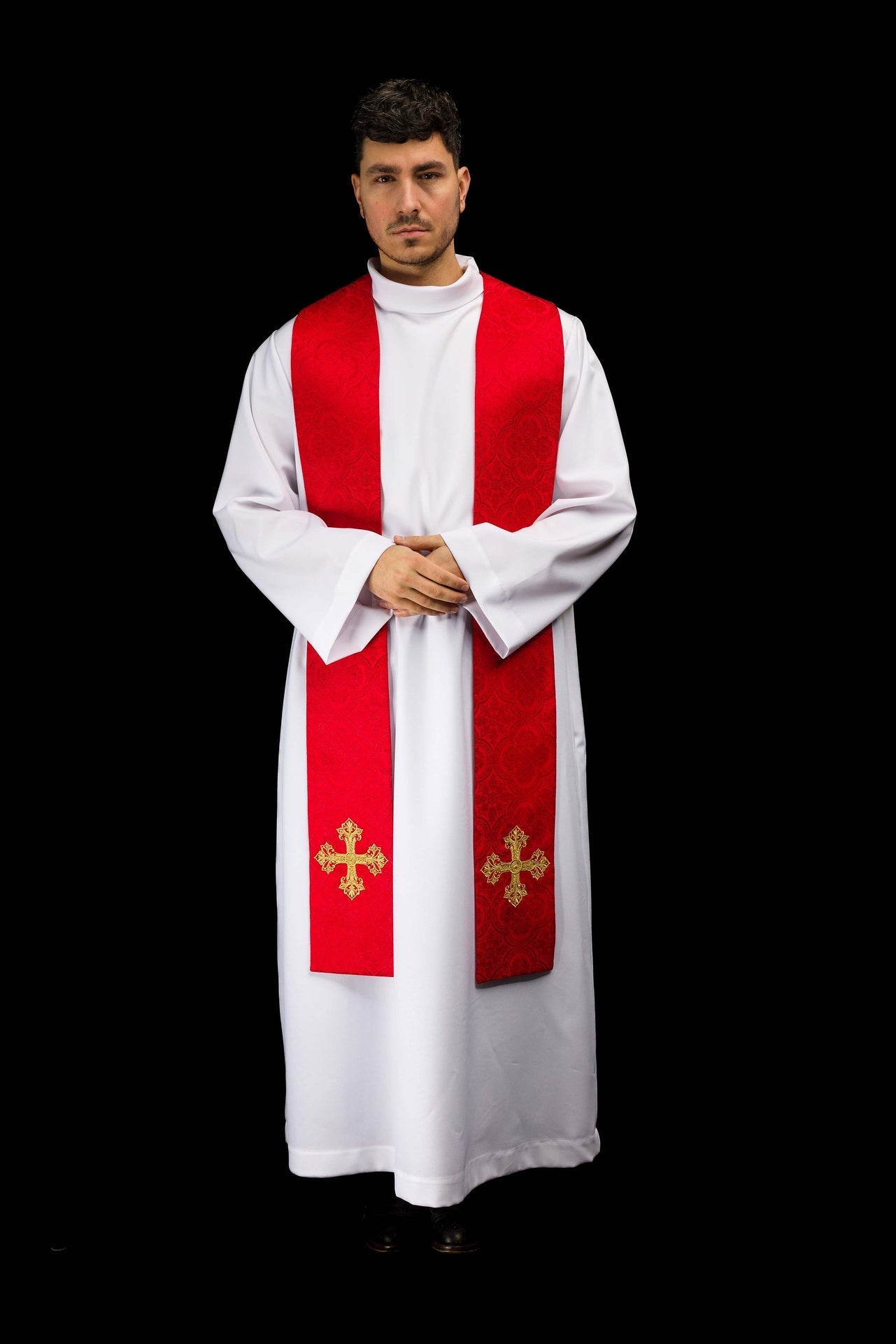 Étole brodée avec motif de croix tissu jacquard rouge KST/967/02/11 - CHASUBLES.FR