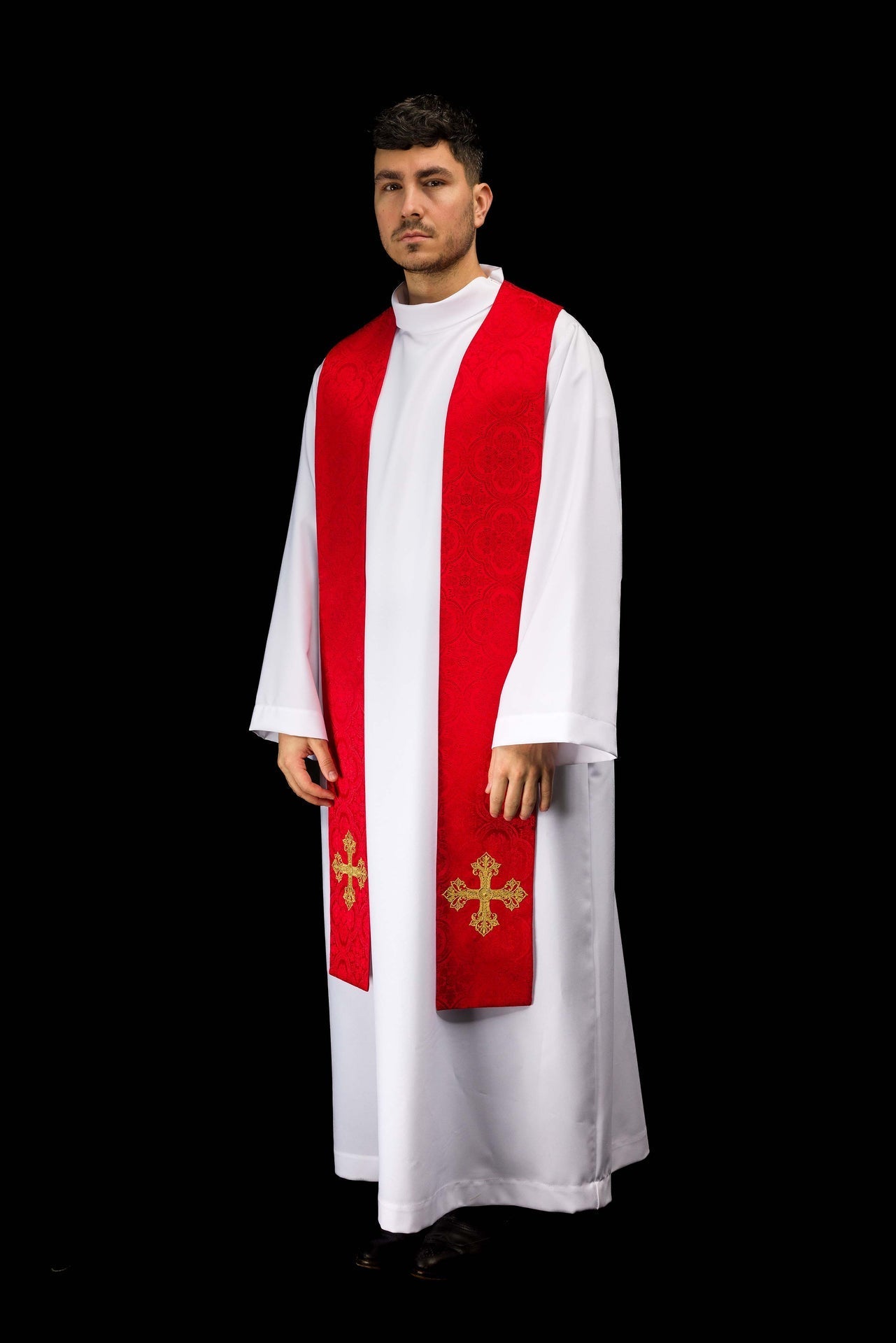 Étole brodée avec motif de croix tissu jacquard rouge KST/967/02/11 - CHASUBLES.FR
