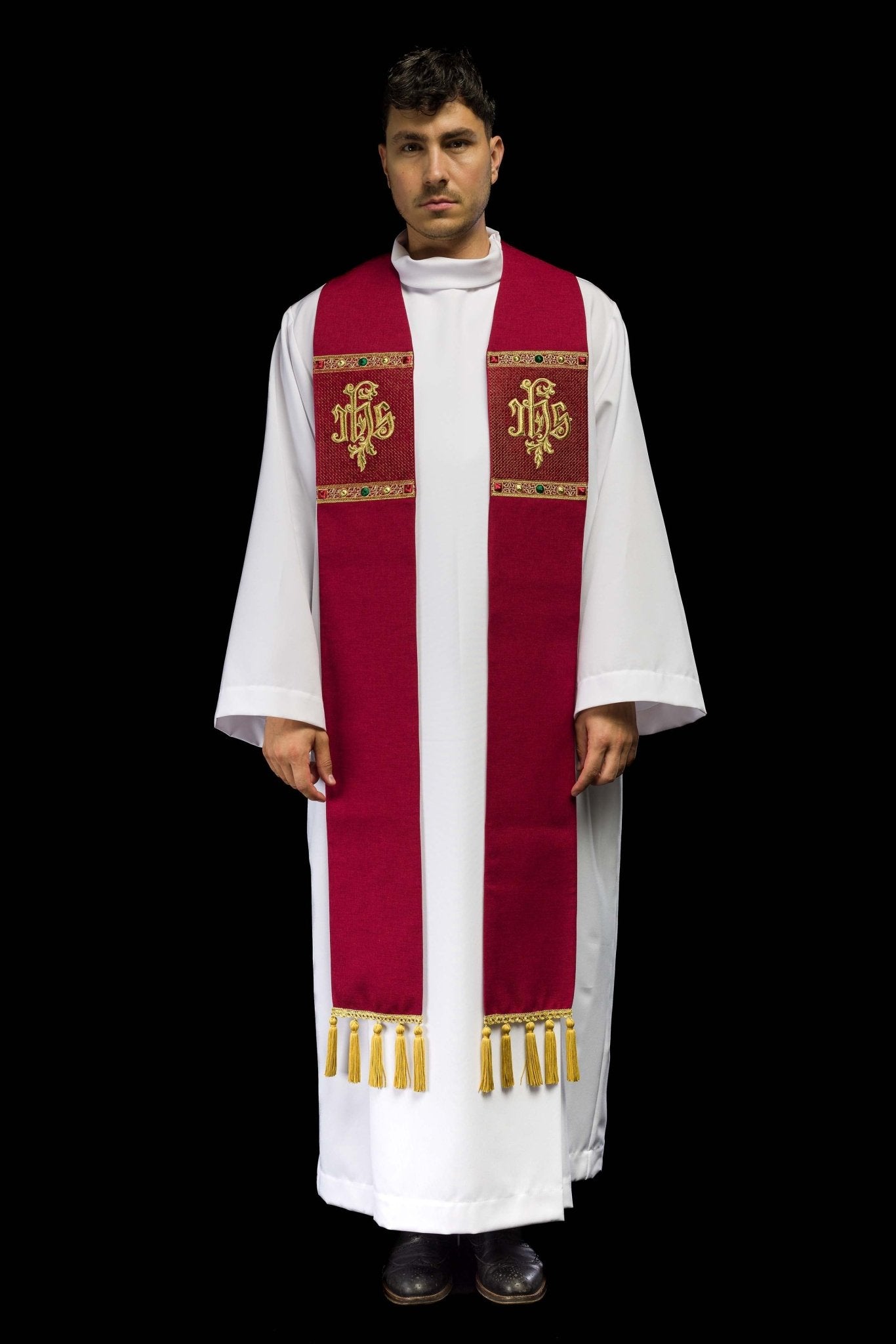 Étole brodée avec motif IHS rouge S-2067-02-70 - CHASUBLES.FR