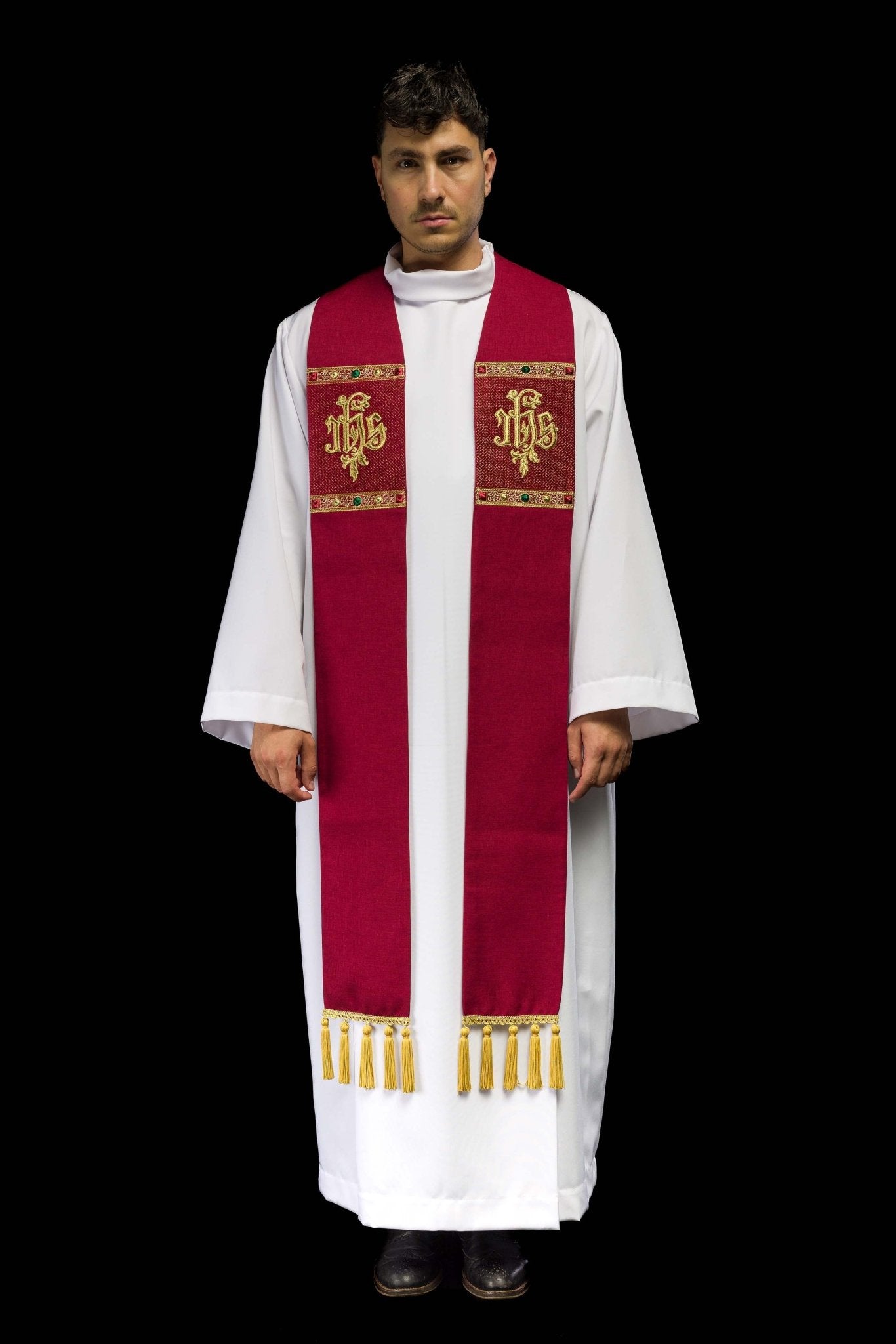 Étole brodée avec motif IHS rouge S-2067-02-70 - CHASUBLES.FR