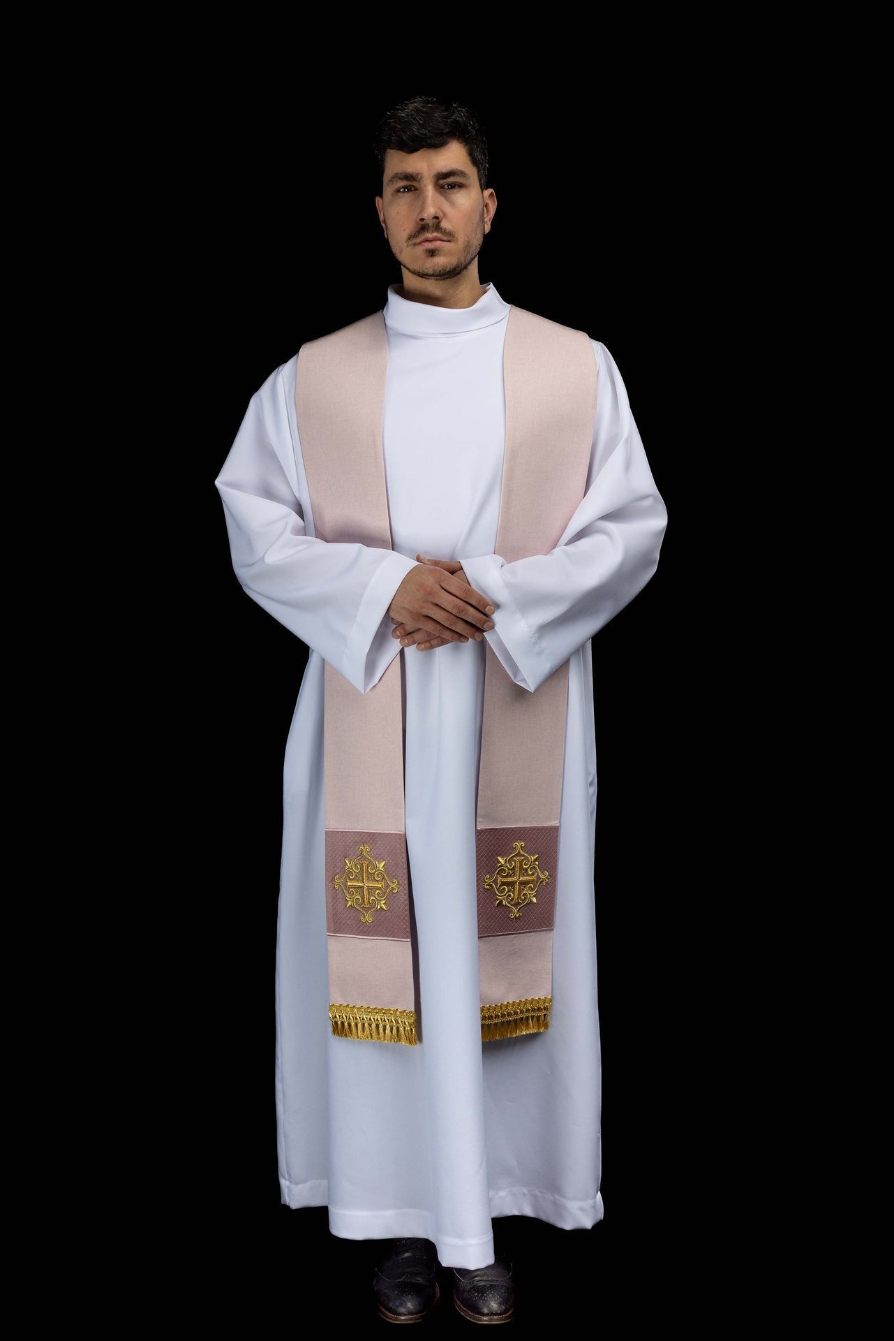 Étole brodée avec symbole de croix en velours rose LE/2029/08 - CHASUBLES.FR