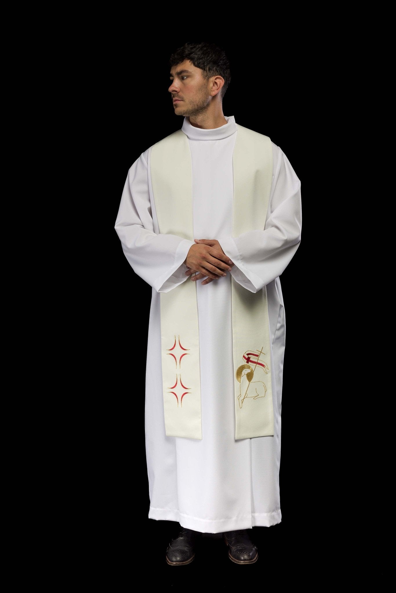 Étole de prêtre avec broderie de la Croix et de l'Agneau KST/017/05/01 ECRU - CHASUBLES.FR