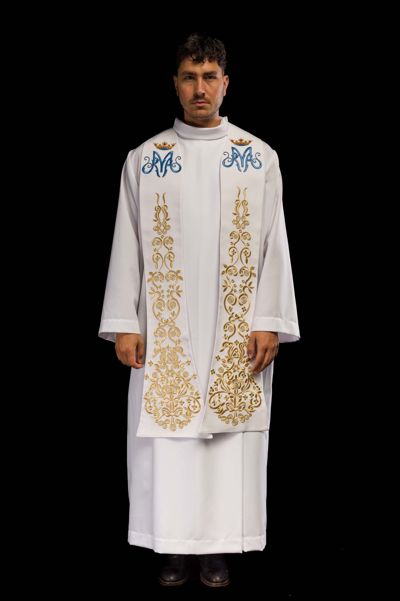 Étole de prêtre blanche brodée d'un motif marial avec couronne KST/040/04/01 BIAŁY - CHASUBLES.FR