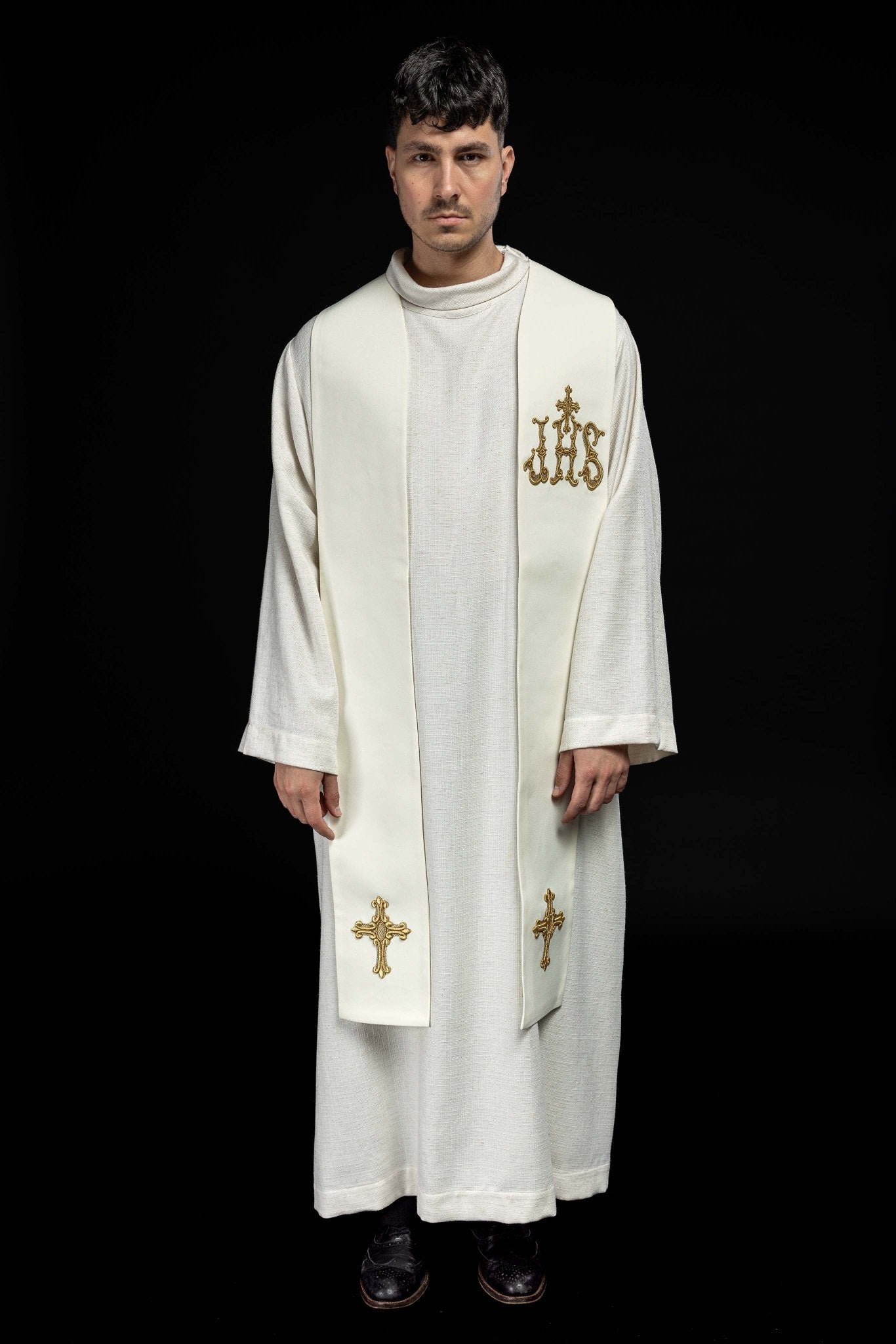 Étole de prêtre brodée Croix et IHS écru KST/157/05/01 ECRU - CHASUBLES.FR