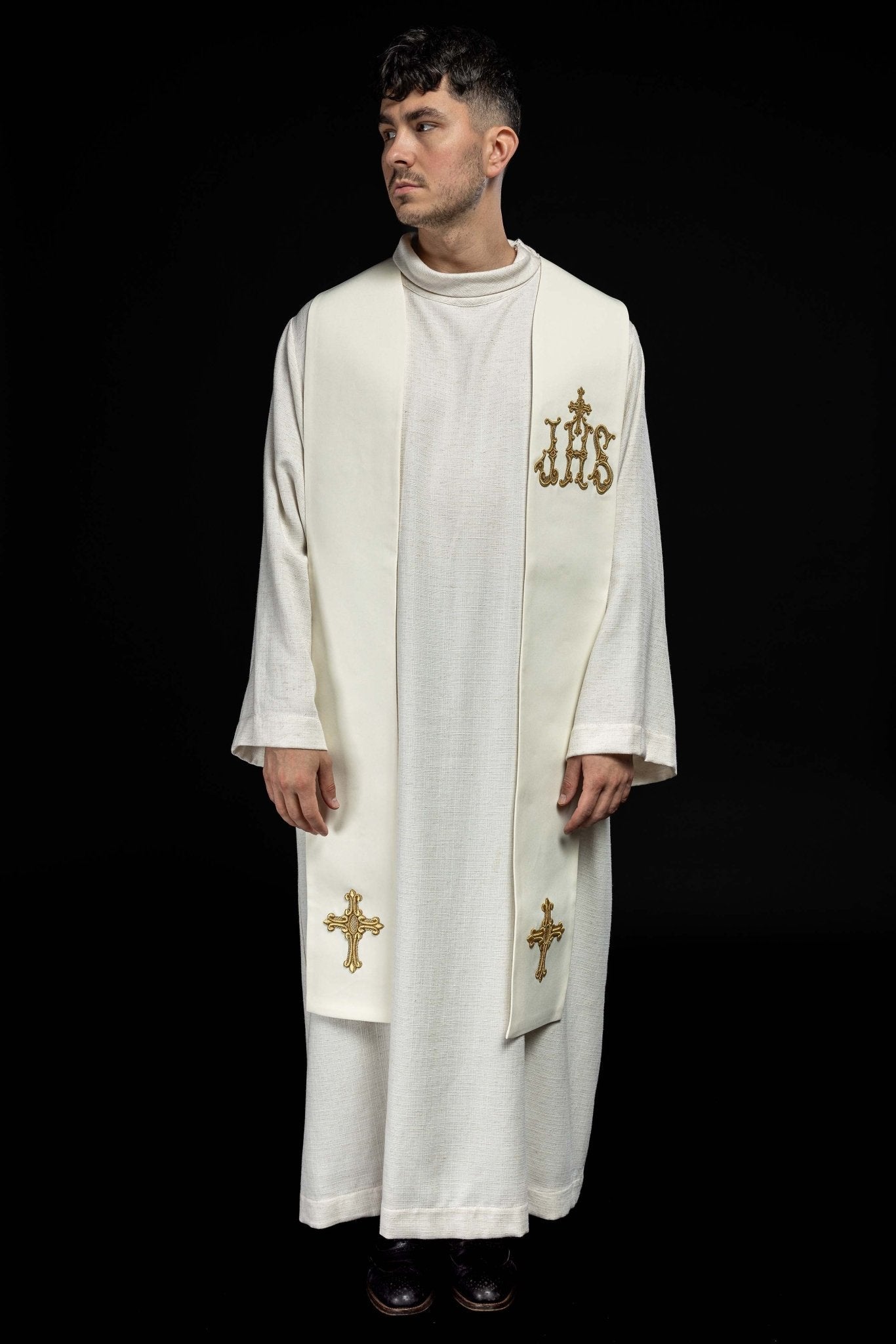 Étole de prêtre brodée Croix et IHS écru KST/157/05/01 ECRU - CHASUBLES.FR