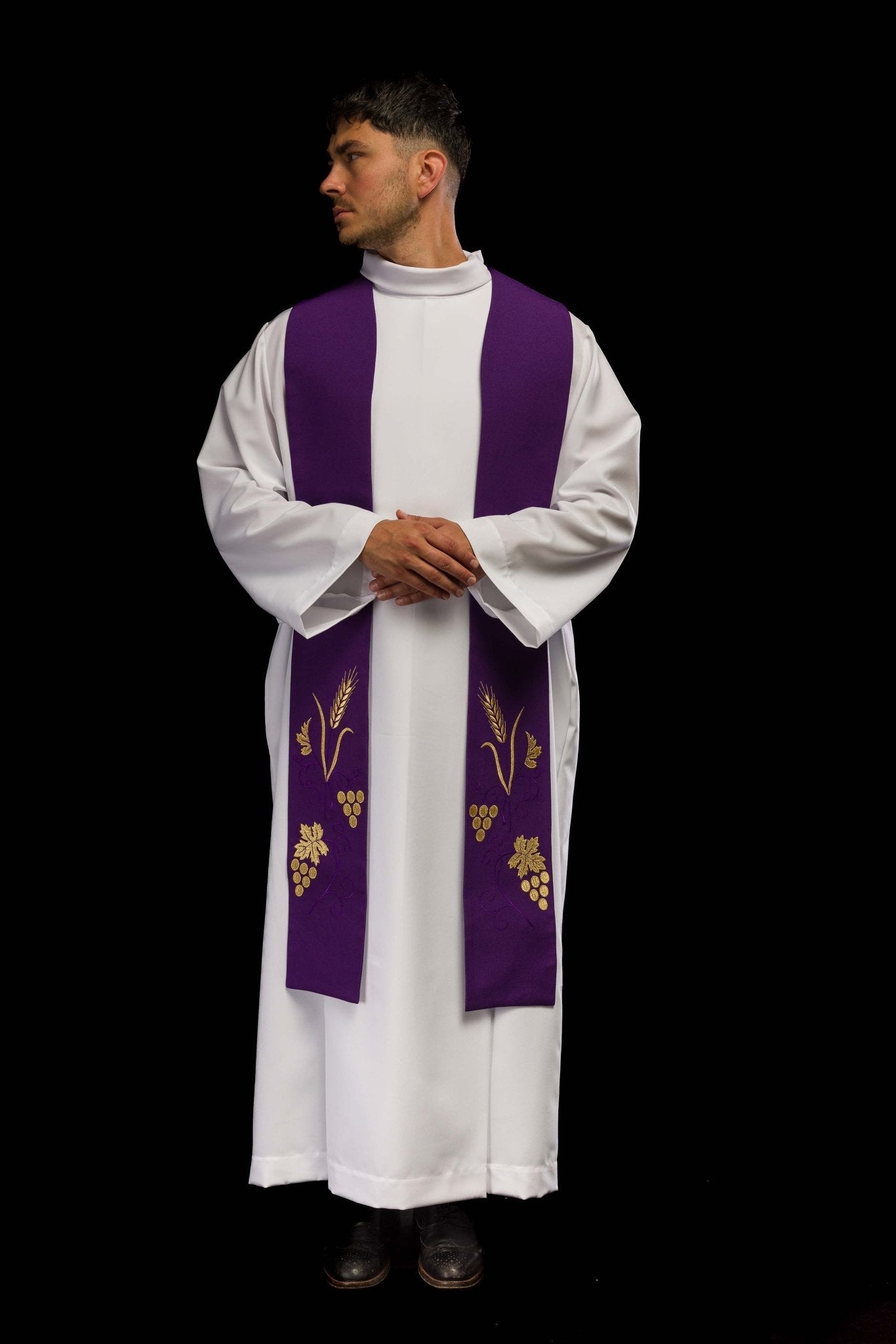 Étole de prêtre brodée de raisins et d'épis en violet KST/003/03/01 FIOLET - CHASUBLES.FR