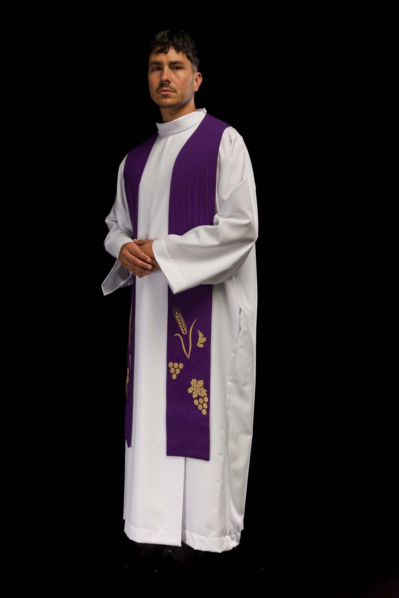 Étole de prêtre brodée de raisins et d'épis en violet KST/003/03/01 FIOLET - CHASUBLES.FR