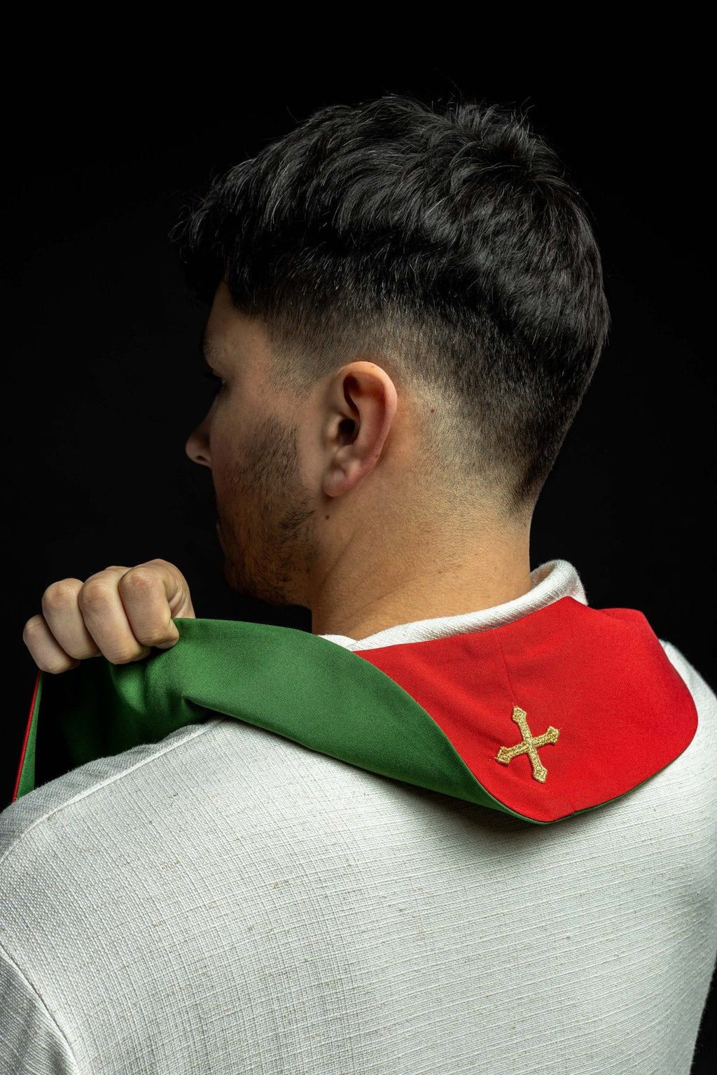 Étole de prêtre brodée des deux côtés, croix de Jérusalem verte et rouge KST/046/01 - 02/01 - CHASUBLES.FR