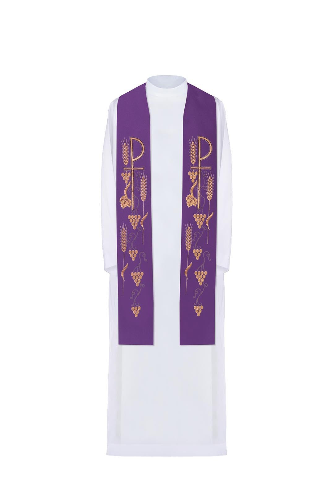 Étole de prêtre brodée d'une croix avec raisins Violet KST/027/03/01 FIOLET - CHASUBLES.FR