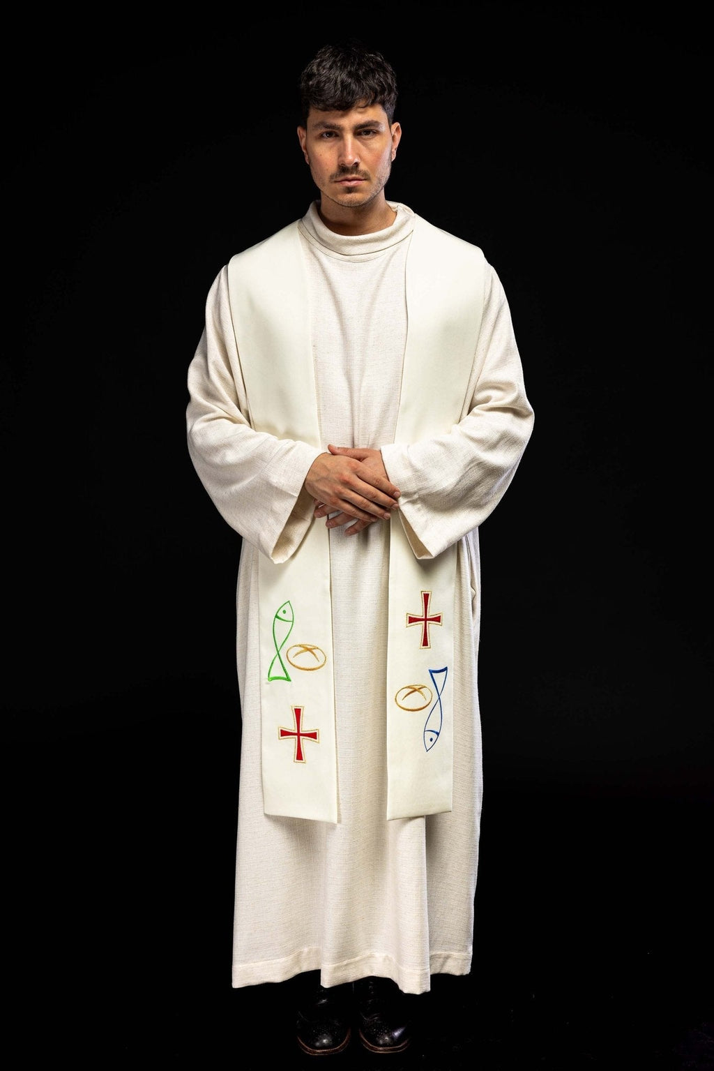 Étole de prêtre brodée d'une croix de pain de poisson en écru KST/007/05/12 ECRU - CHASUBLES.FR