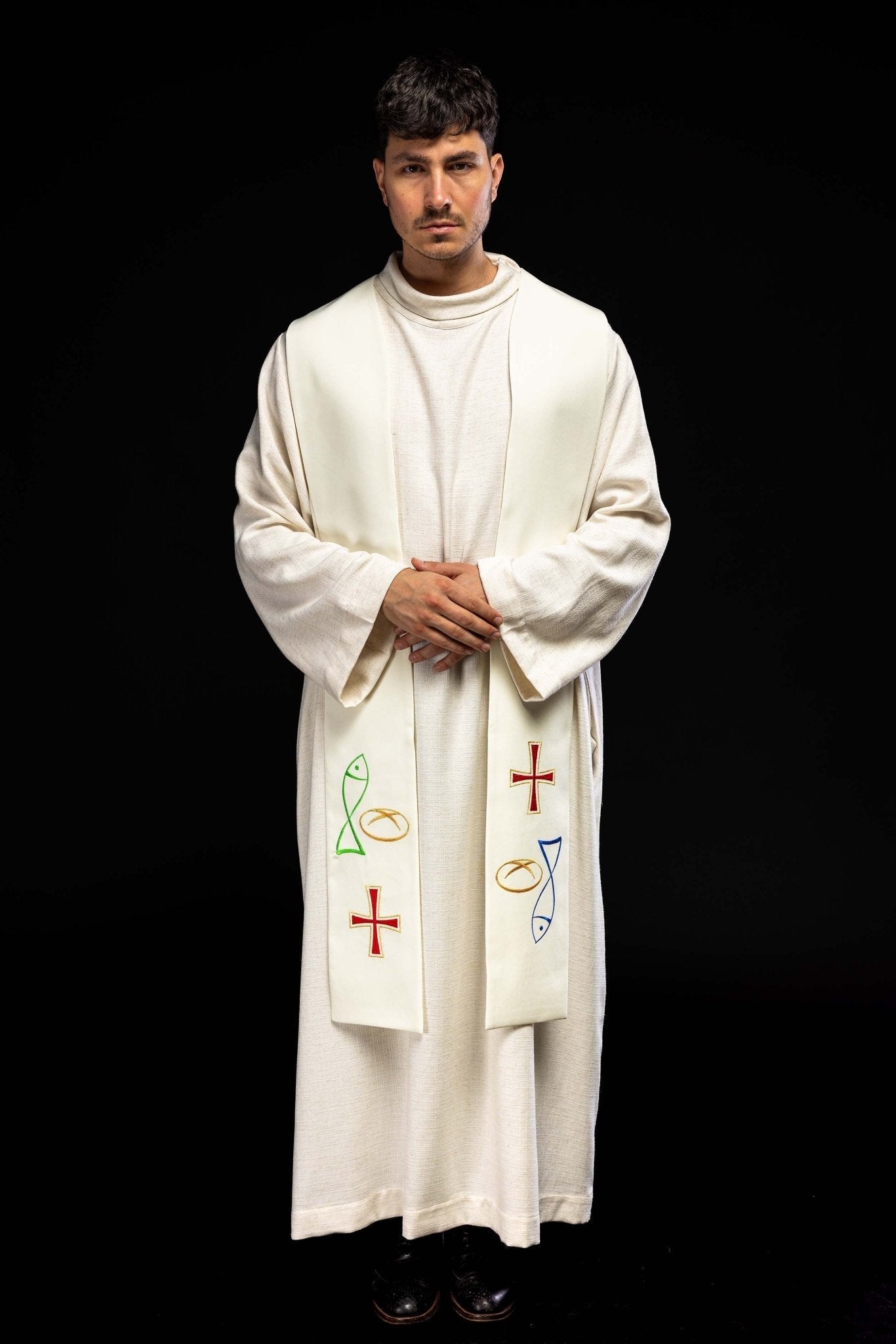 Étole de prêtre brodée d'une croix de pain de poisson en écru KST/007/05/12 ECRU - CHASUBLES.FR