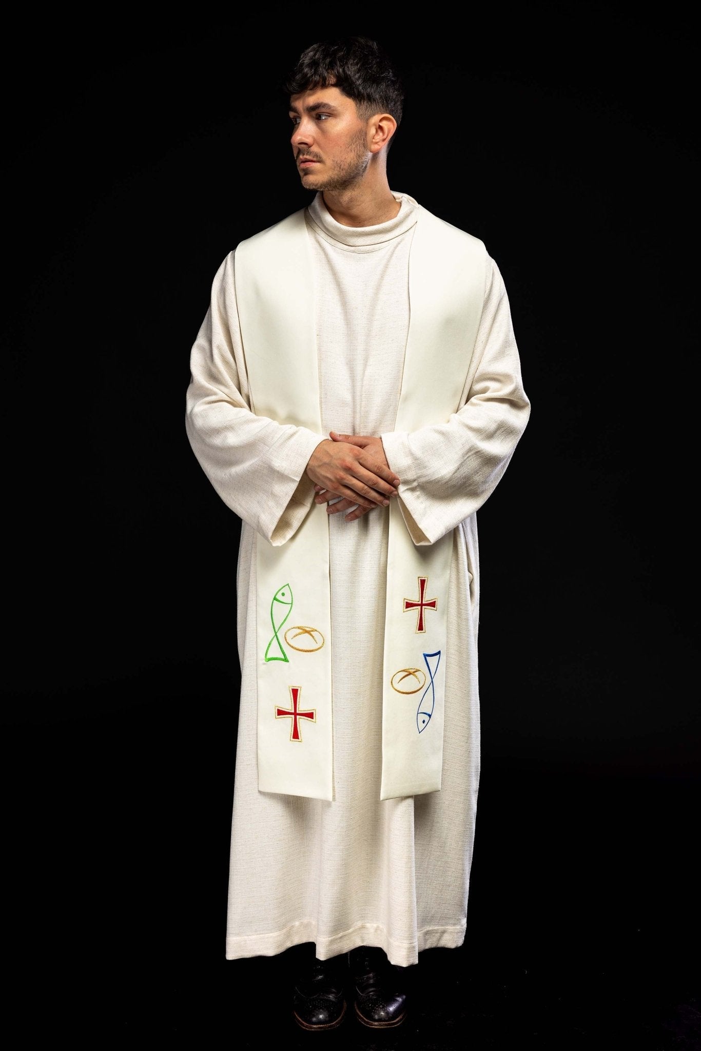 Étole de prêtre brodée d'une croix de pain de poisson en écru KST/007/05/12 ECRU - CHASUBLES.FR