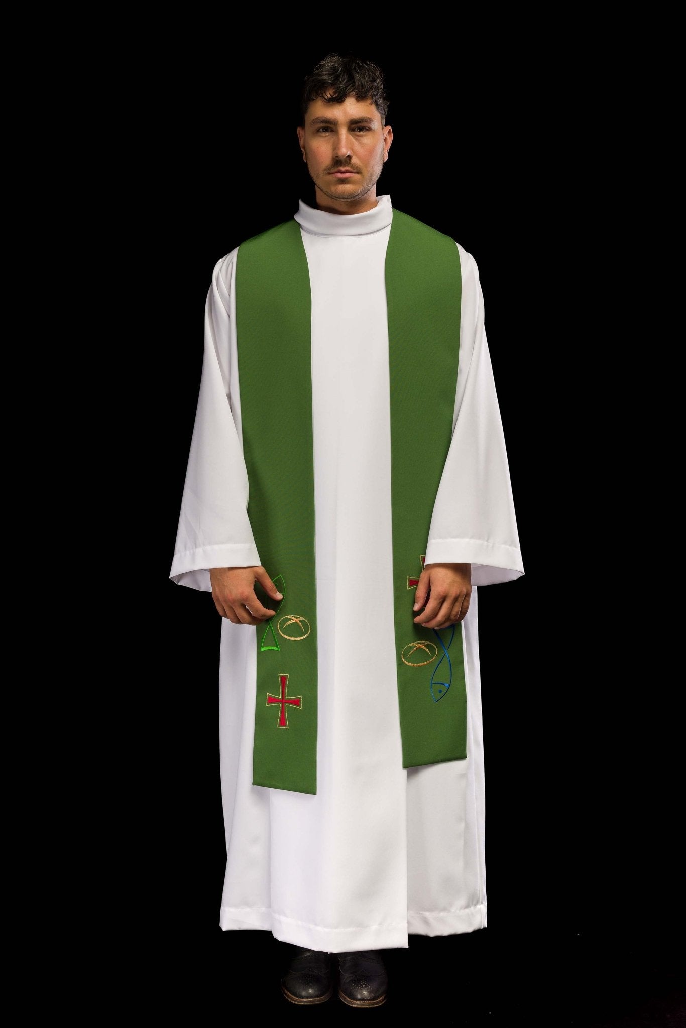 Étole de prêtre brodée en vert avec motif poisson pain croix KST/007/01/12 ZIELONY - CHASUBLES.FR