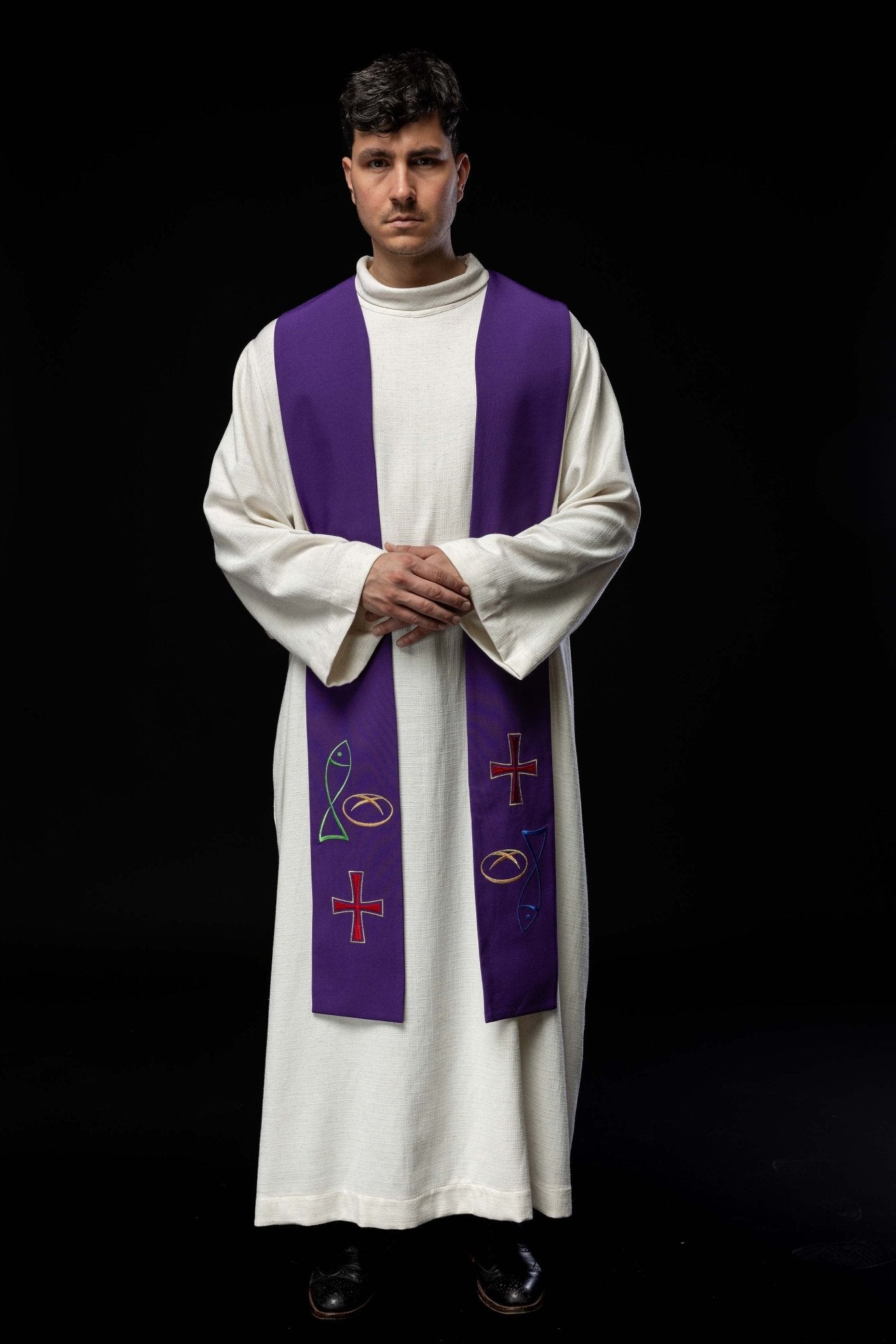 Étole de prêtre brodée en violet Croix de pain de poisson KST/007/03/12 FIOLET - CHASUBLES.FR