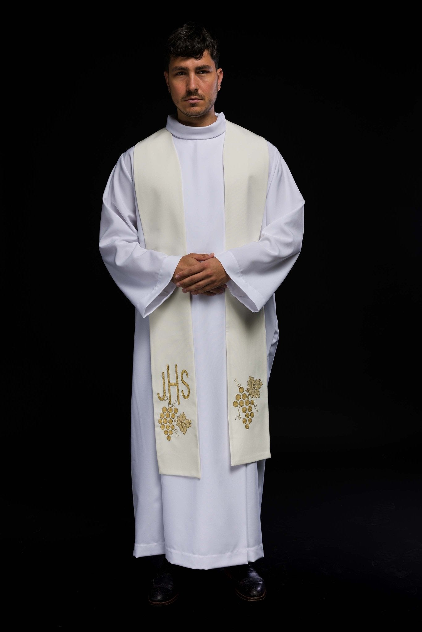 Étole de prêtre brodée IHS avec raisins écrus KST/068/05/01 ECRU - CHASUBLES.FR