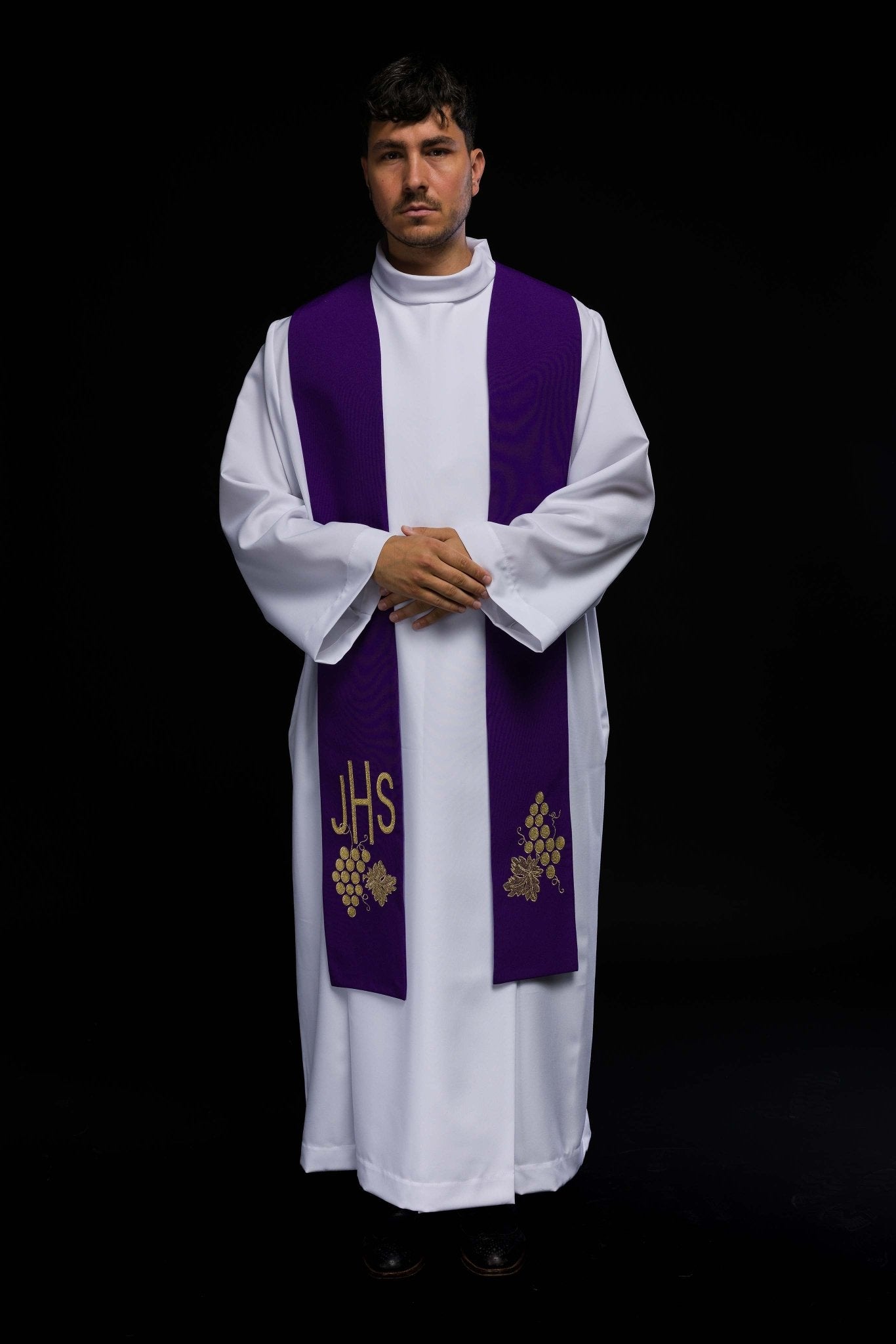 Étole de prêtre brodée IHS violet avec raisins KST/068/03/01 FIOLET - CHASUBLES.FR