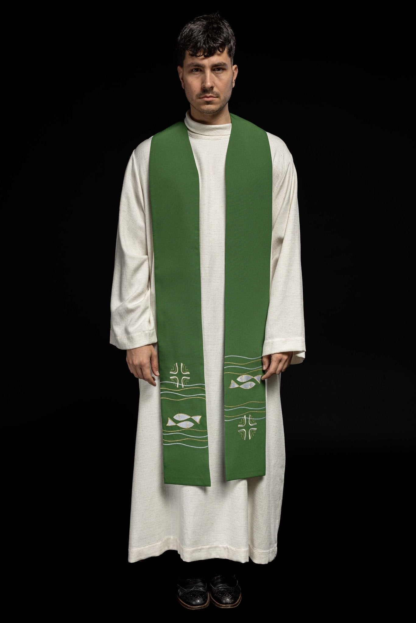 Étole de prêtre brodée Vert poisson KST/022/01/01 ZIELONY - CHASUBLES.FR