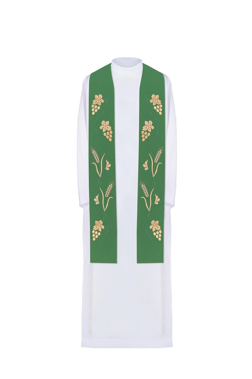 Étole de prêtre verte avec une riche broderie de raisins et d'épis KST/001/01/01 ZIELONY - CHASUBLES.FR