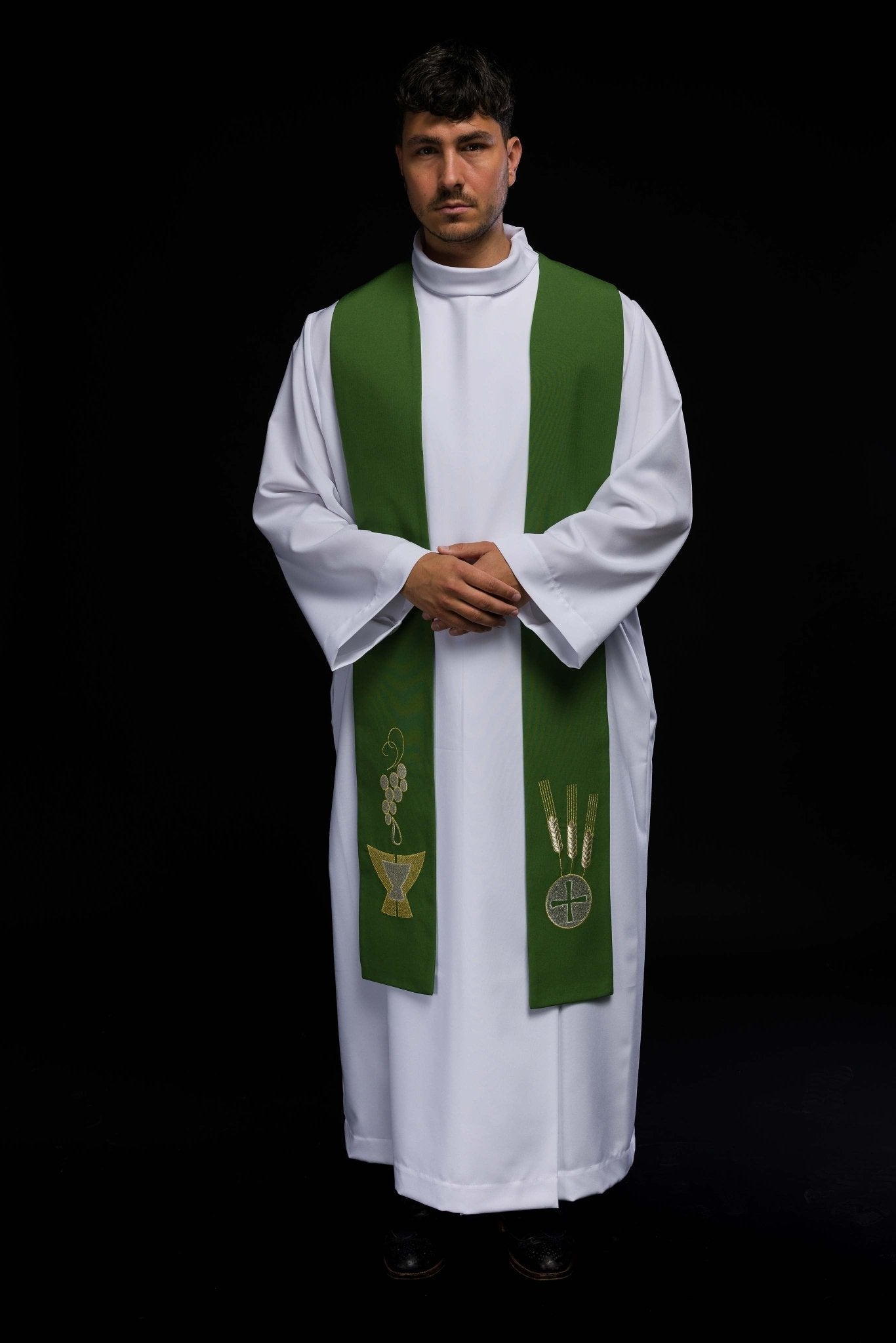 Étole de prêtre verte brodée Calice, oreilles et raisins KST/009/01/01 ZIELONY - CHASUBLES.FR