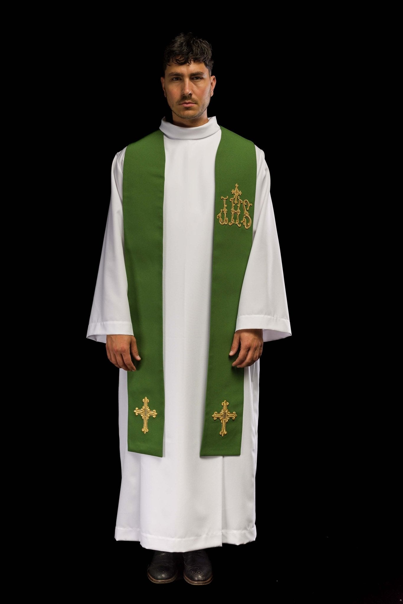 Étole de prêtre verte brodée d'une croix et d'un IHS vert KST/157/01/01 ZIELONY - CHASUBLES.FR