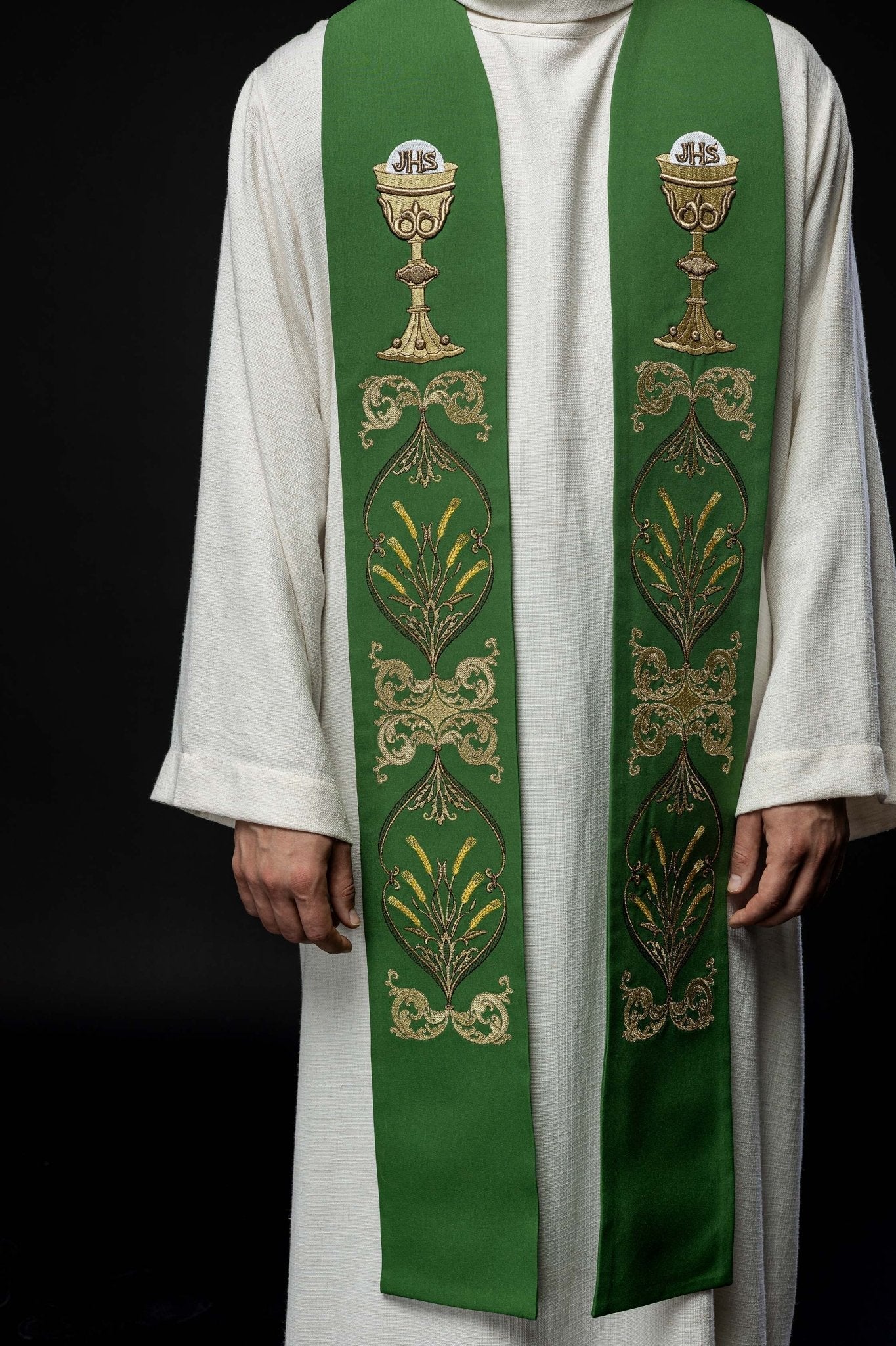 Étole de prêtre verte Calice IHS KST/042/01/01 ZIELONY - CHASUBLES.FR