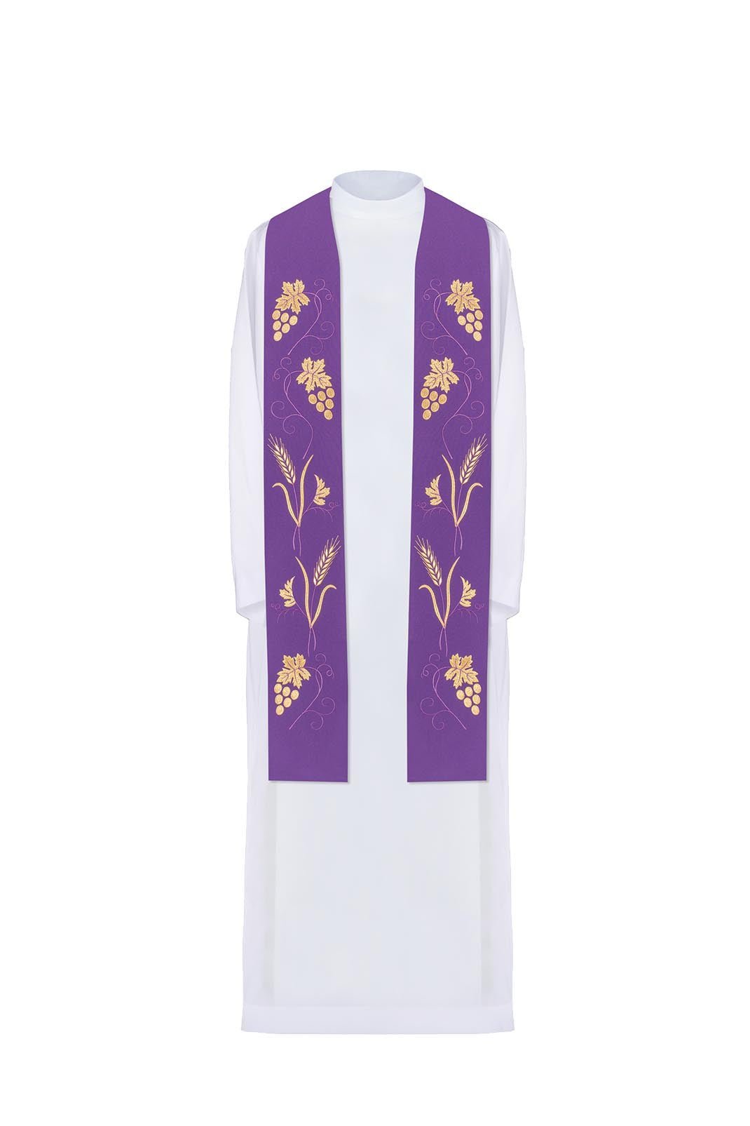 Étole de prêtre violette avec une riche broderie de raisins et d'épis KST/001/03/01 FIOLET - CHASUBLES.FR