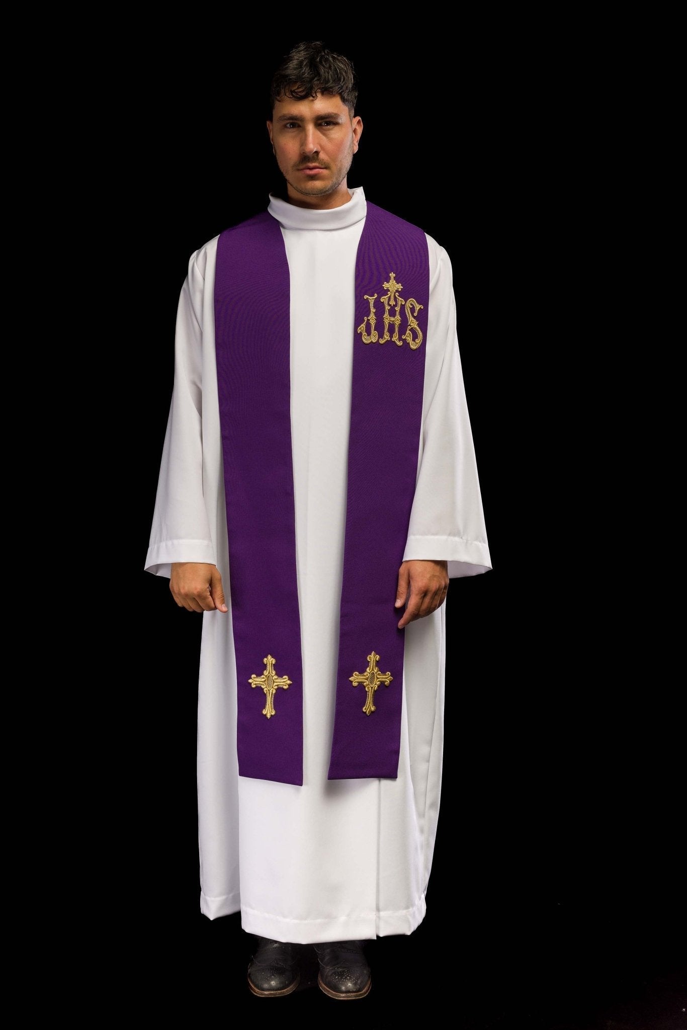 Étole de prêtre violette brodée de la croix et de l'IHS KST/157/03/01 FIOLET - CHASUBLES.FR