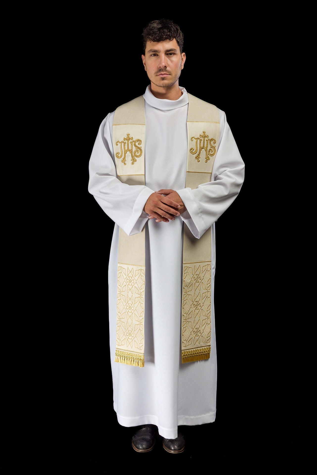 Étole en velours brodée avec le motif IHS de couleur violette S-2055-05-70 - CHASUBLES.FR