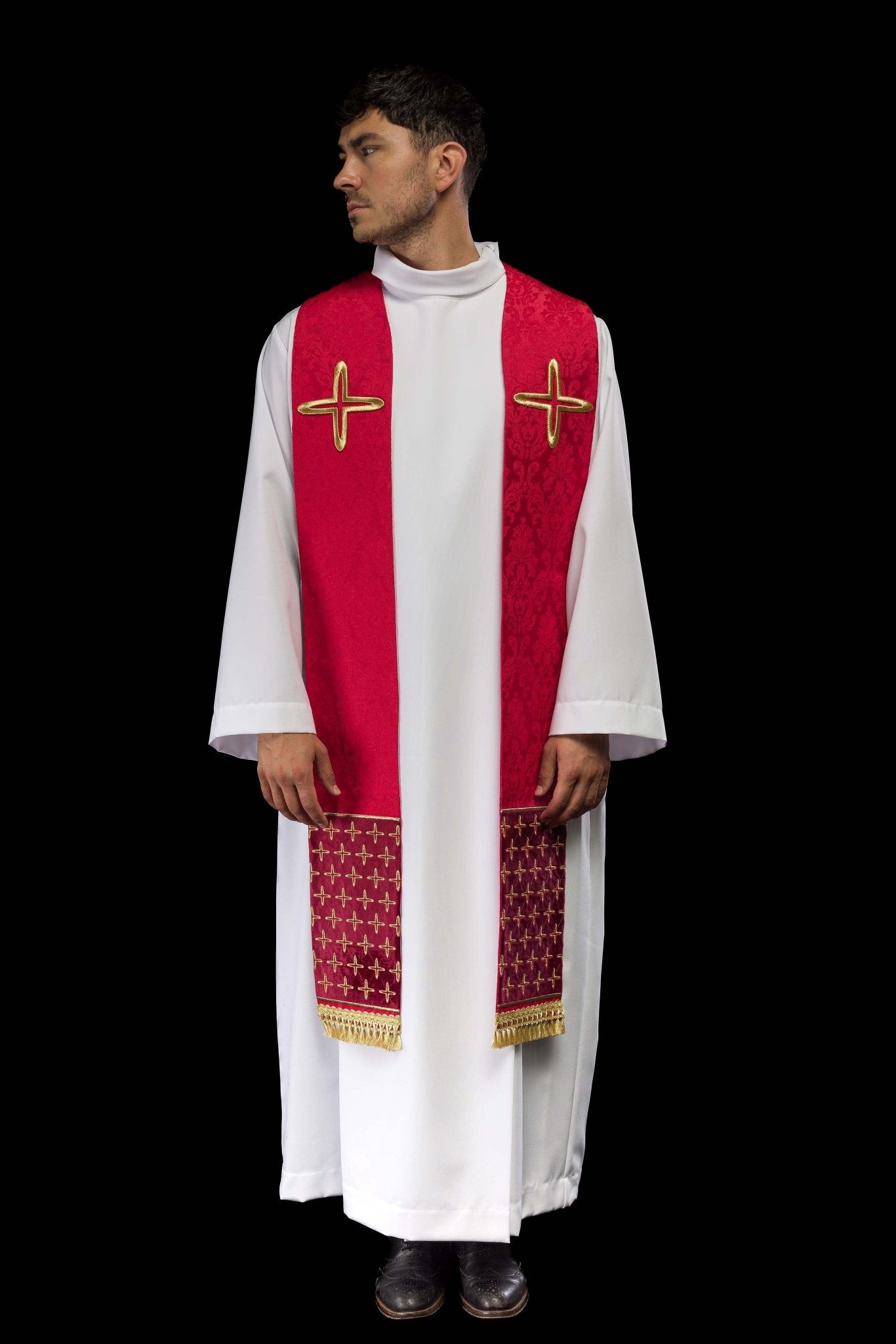 Étole jacquard brodée avec motifs de croix rouge S-2054-02-67 - CHASUBLES.FR