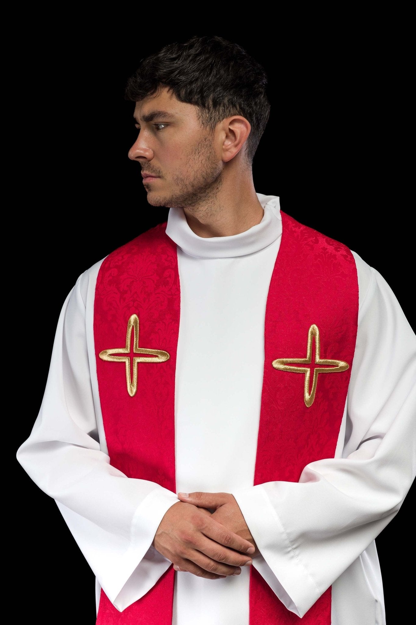 Étole jacquard brodée avec motifs de croix rouge S-2054-02-67 - CHASUBLES.FR