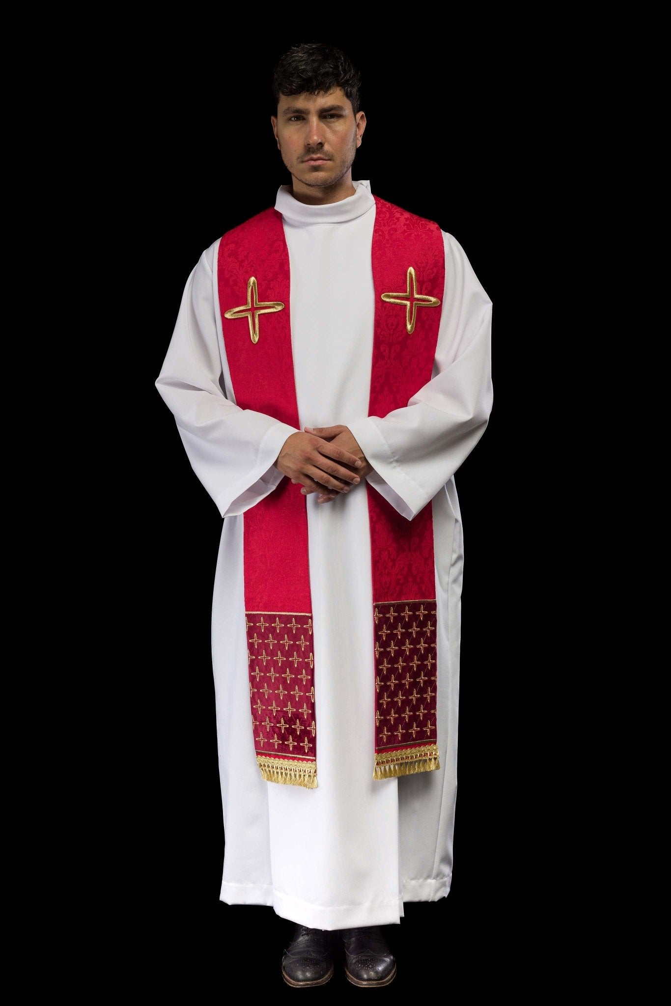 Étole jacquard brodée avec motifs de croix rouge S-2054-02-67 - CHASUBLES.FR