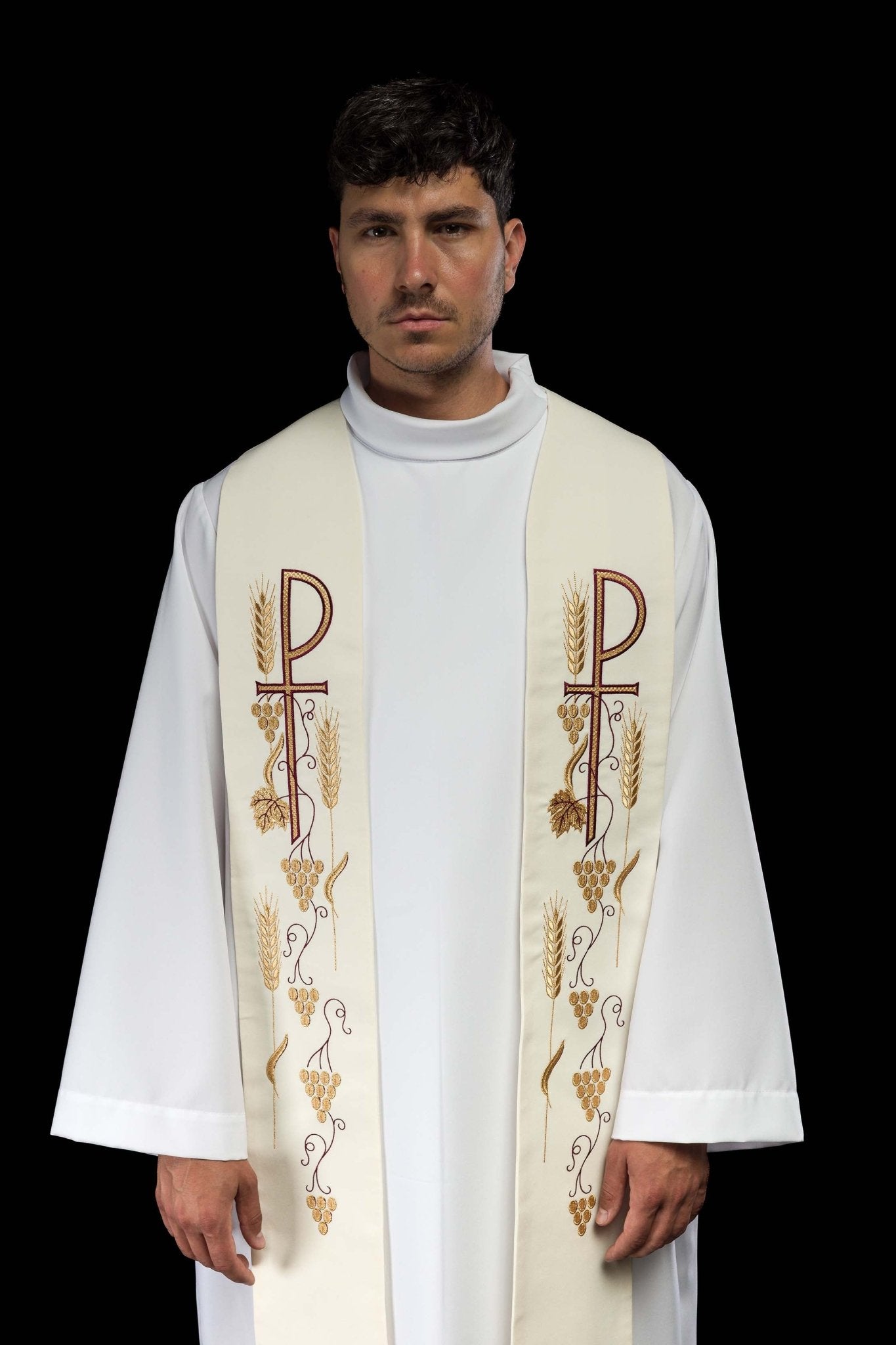 Étole sacerdotale brodée d'une croix et de raisins écru KST/027/05/01 ECRU - CHASUBLES.FR