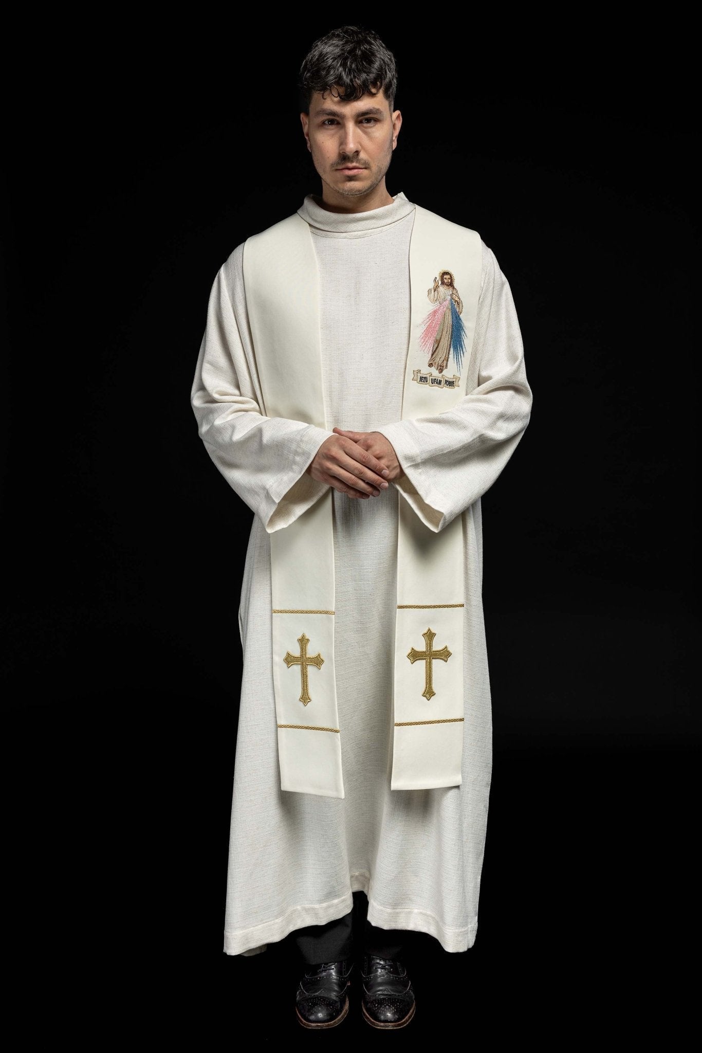 Étole sacerdotale Jésus miséricordieux, Jésus j'ai confiance en toi écru KST/071/05/01 ECRU - CHASUBLES.FR