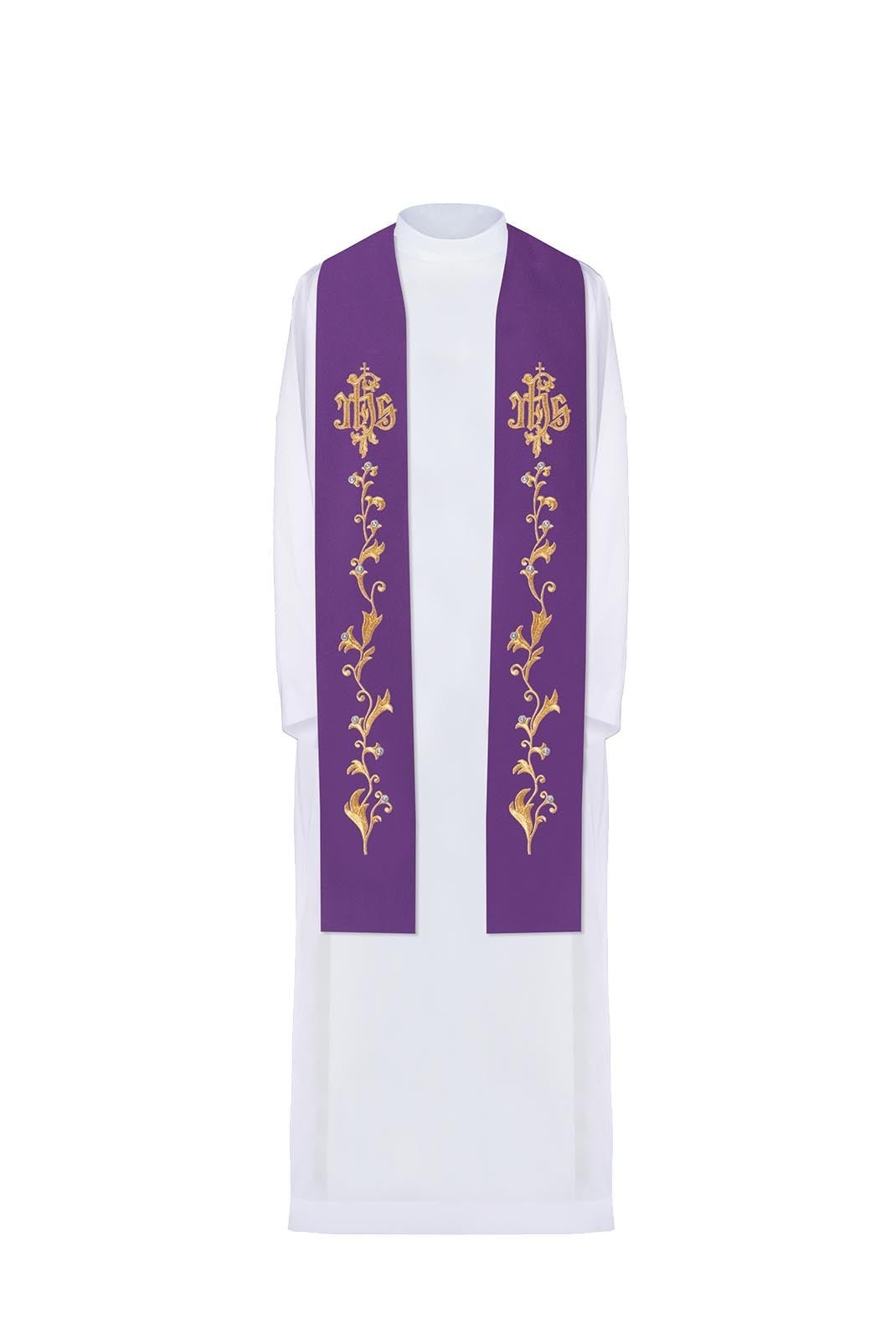 Étole violette brodée IHS sur la croix KST/037/03/01 FIOLET - CHASUBLES.FR