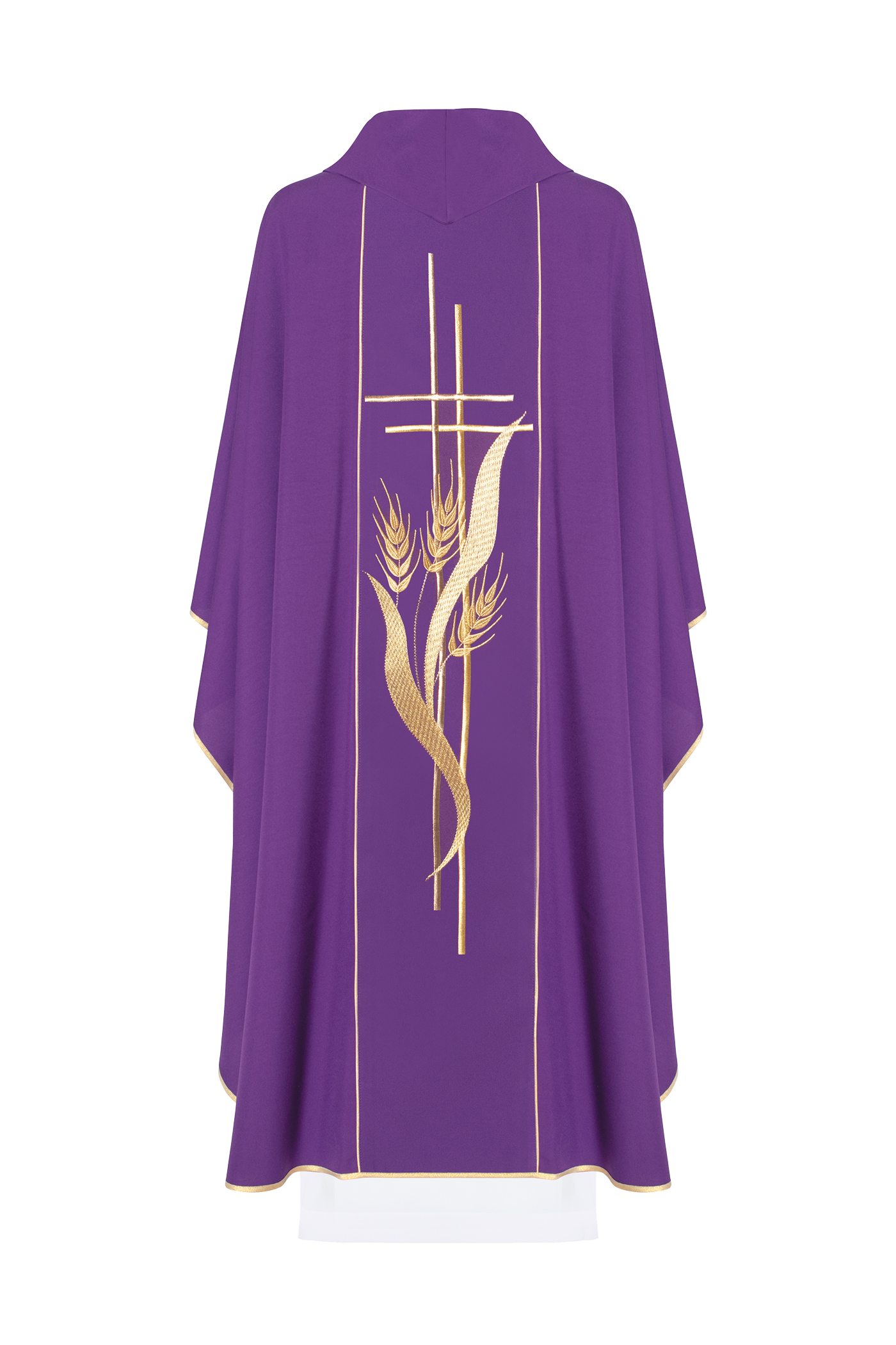 Chasuble violette brodée de motifs de croix et d'oreilles