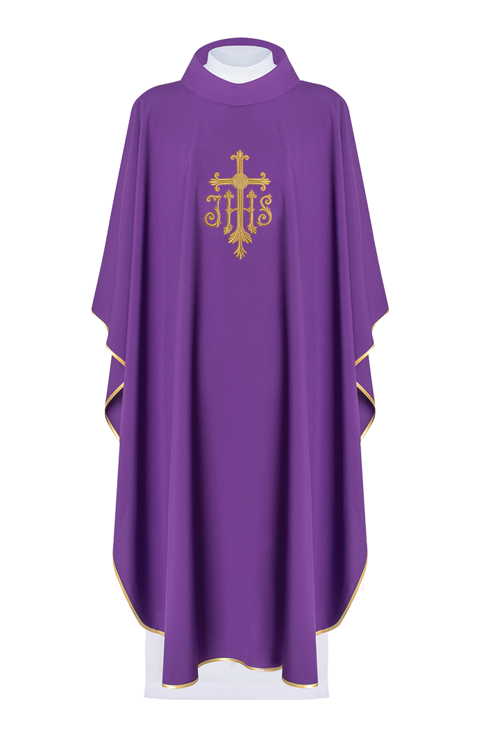 Chasuble brodée en violet avec croix et JHS