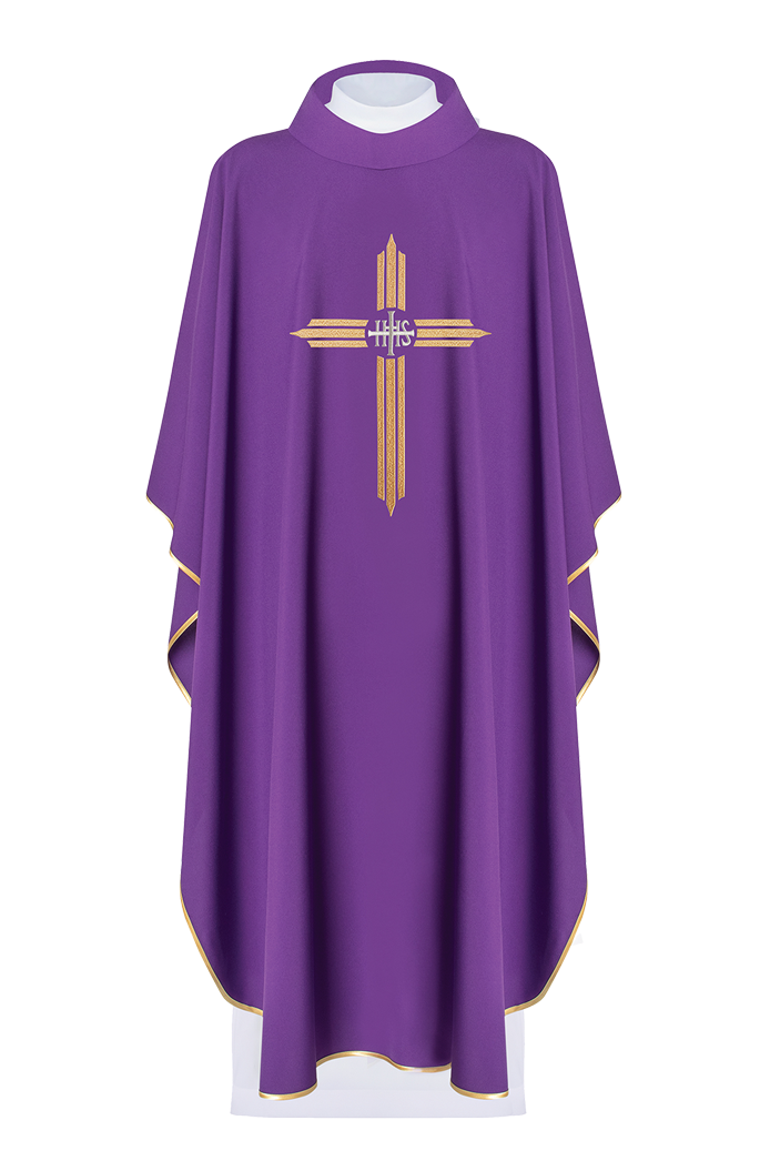 Chasuble brodée en violet avec la croix IHS