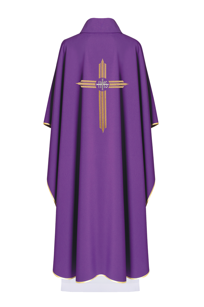 Chasuble brodée en violet avec la croix IHS