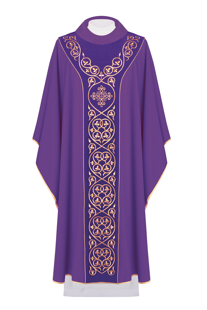 Chasuble liturgique violette décorée de broderies sur velours