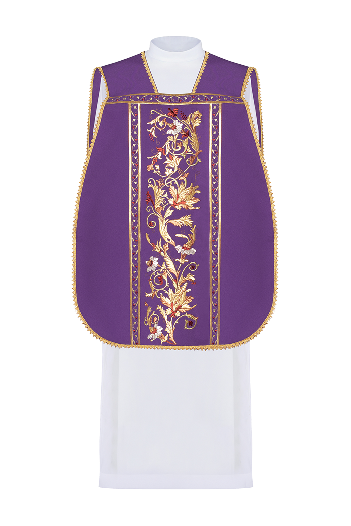 Chasuble romaine violette brodée d'un motif IHS