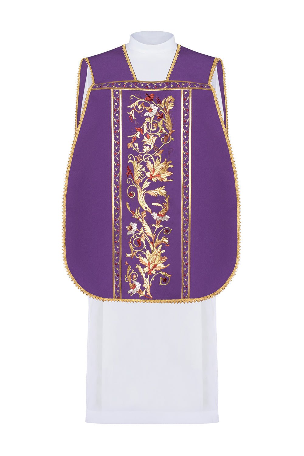 Chasuble romaine violette brodée d'un motif de calice eucharistique