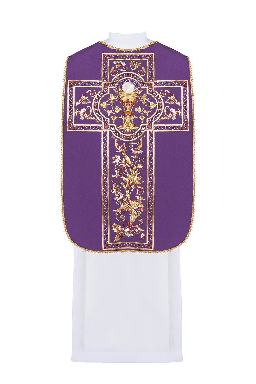 Chasuble romaine violette brodée d'un motif de calice eucharistique